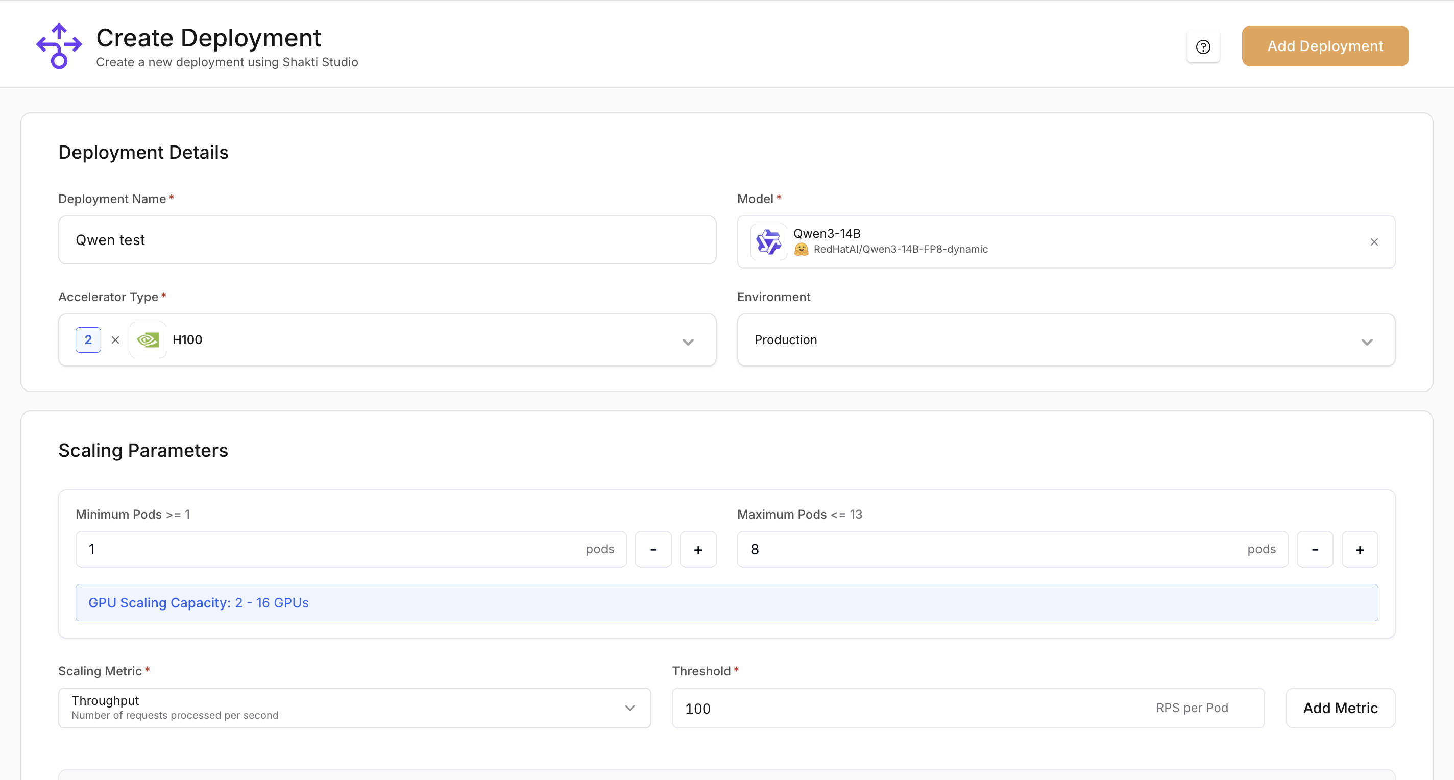 Deployment configuration with name, model, accelerator, and scaling options