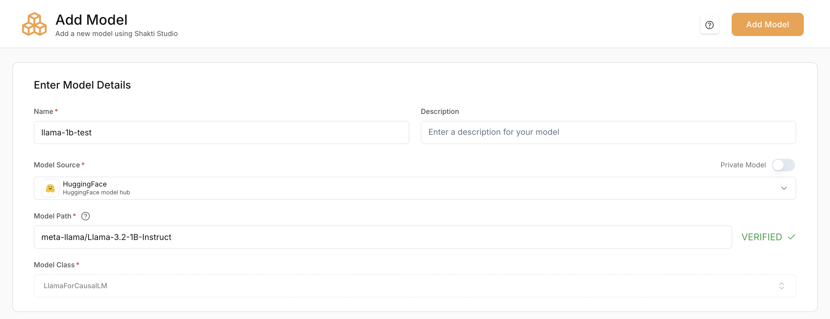 Add Model form with name, description, model source, path, and model class fields