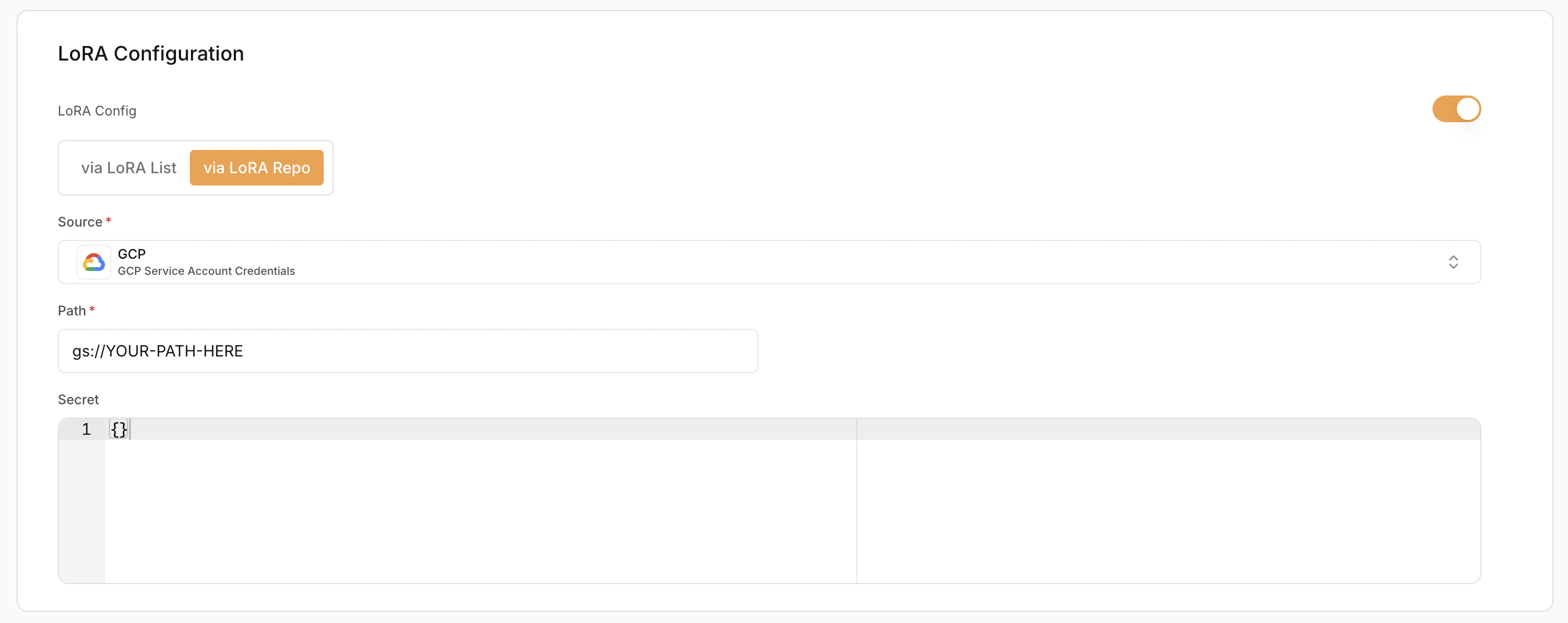 LoRA path configuration with source, secret, and path