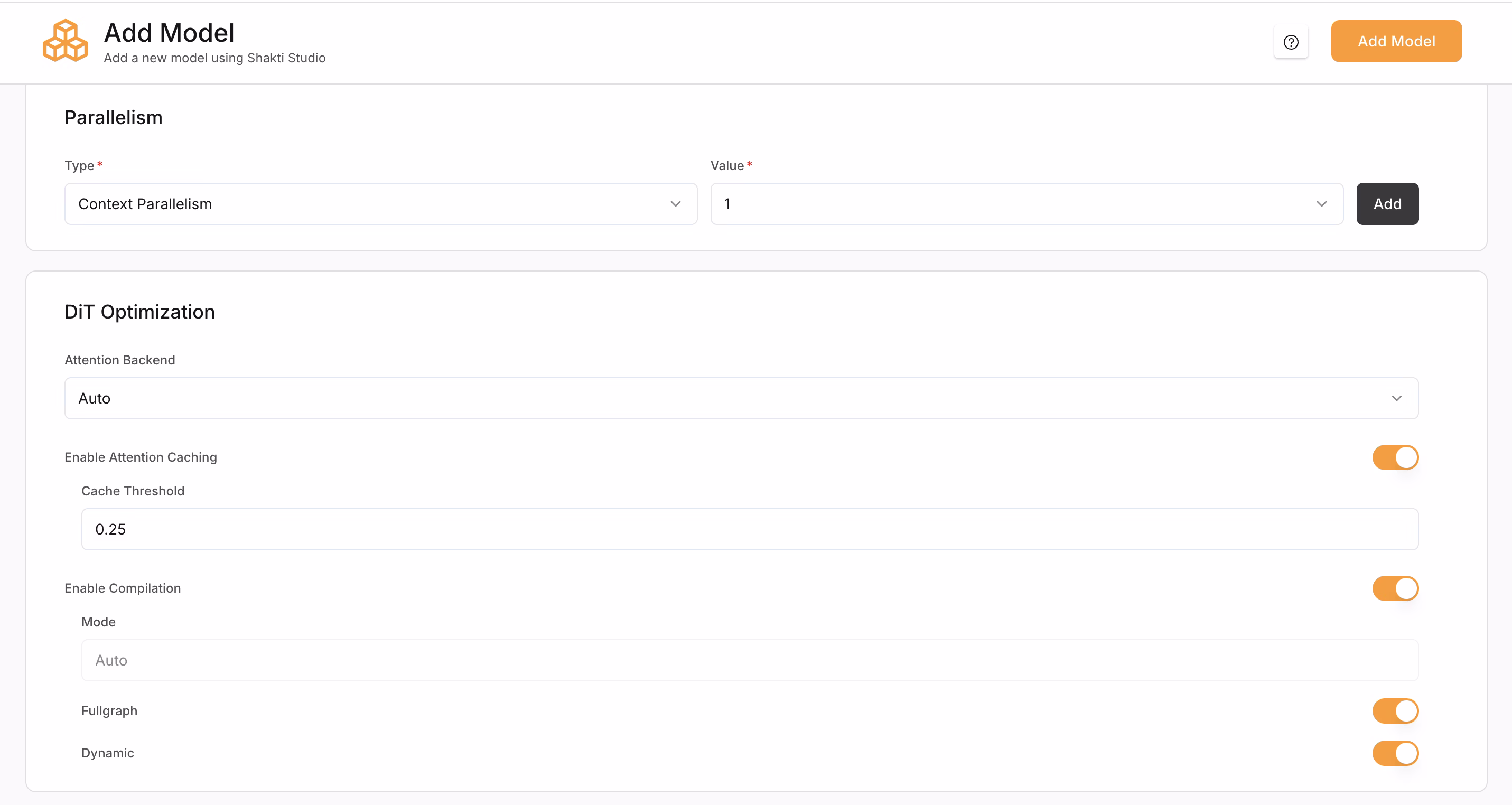Diffusion model optimisation settings including attention caching and compilation