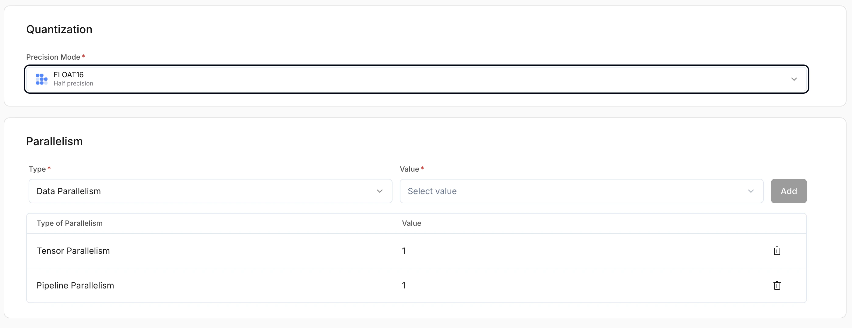 LLM configuration form showing quantization (Precision Mode), parallelism, and pipeline task options