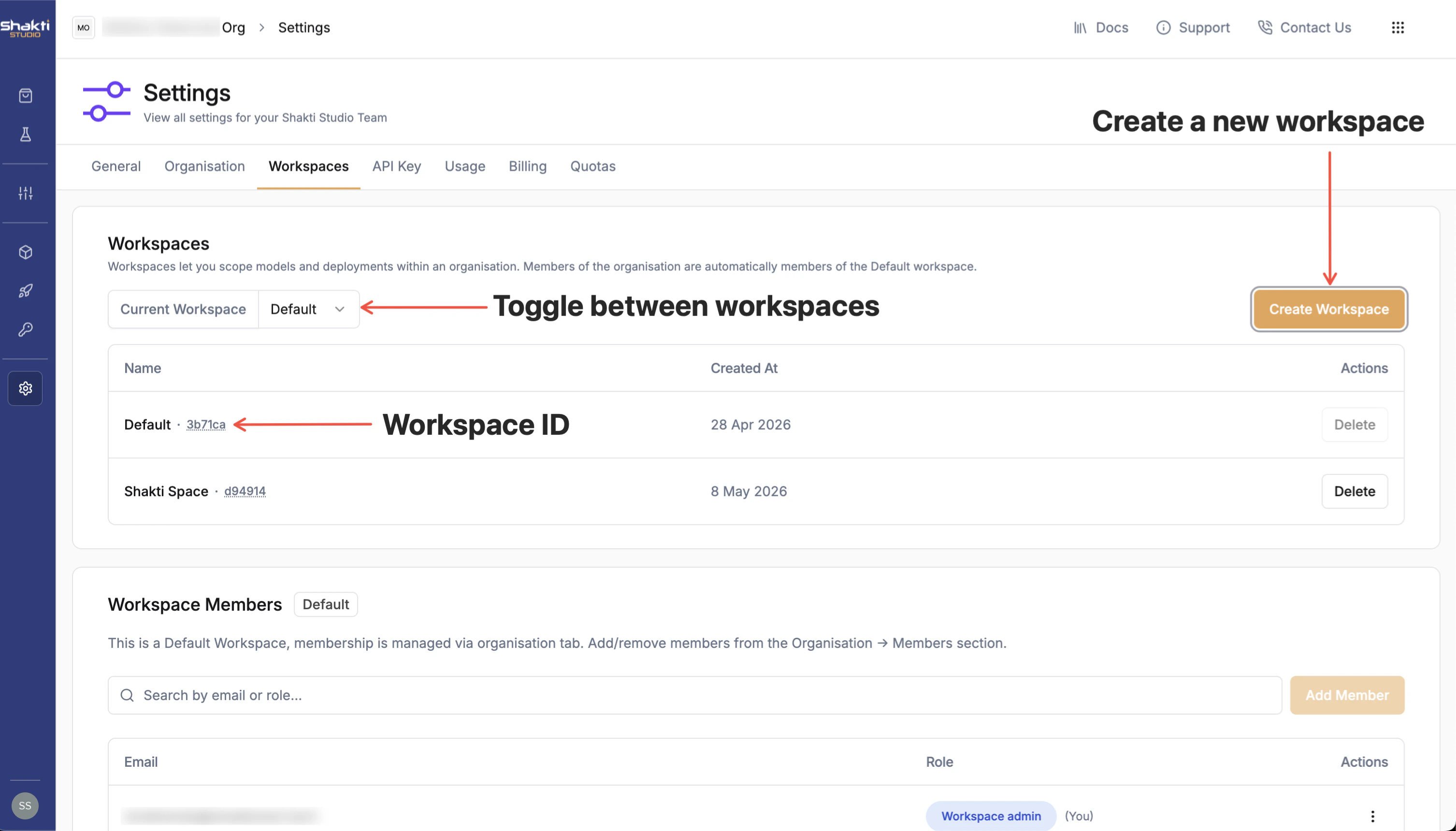 Workspaces overview showing the workspace toggle and Create Workspace button