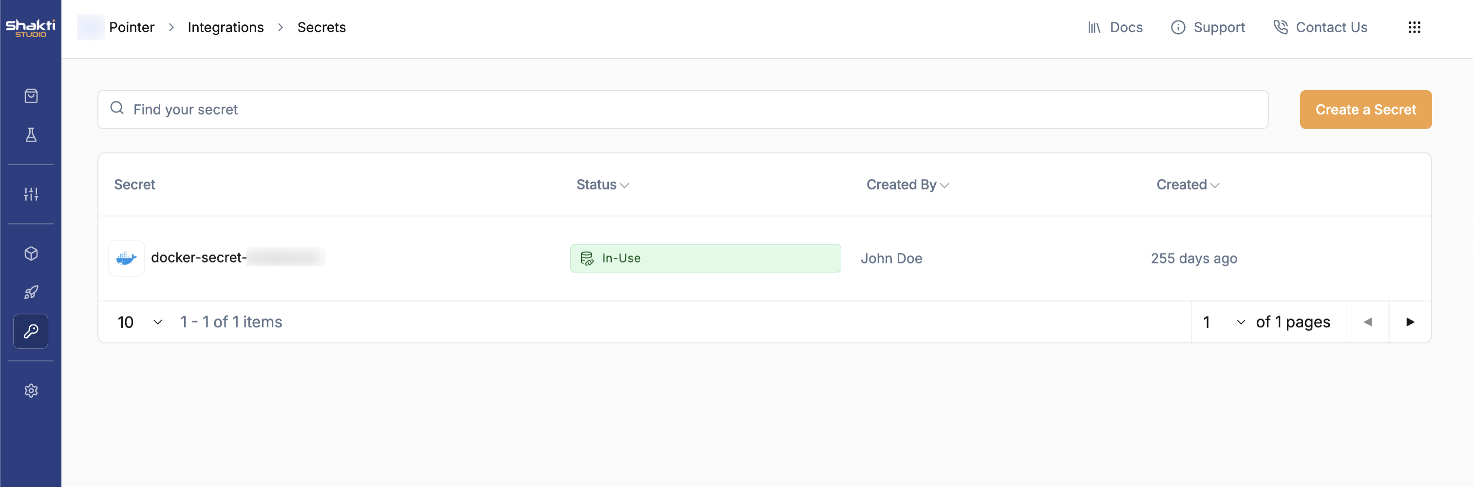 List of secrets with Create Secret button