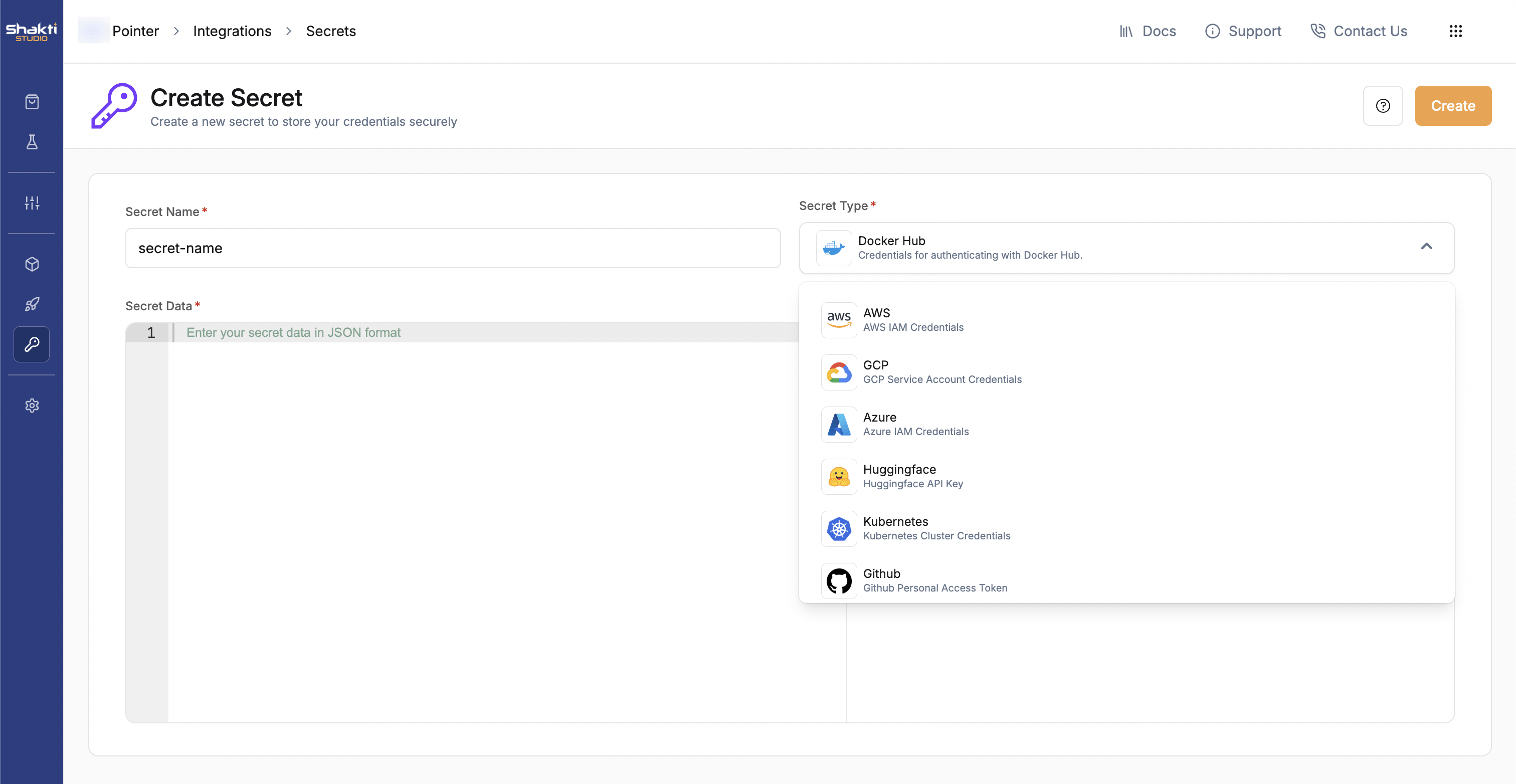 Create secret form showing name and type fields