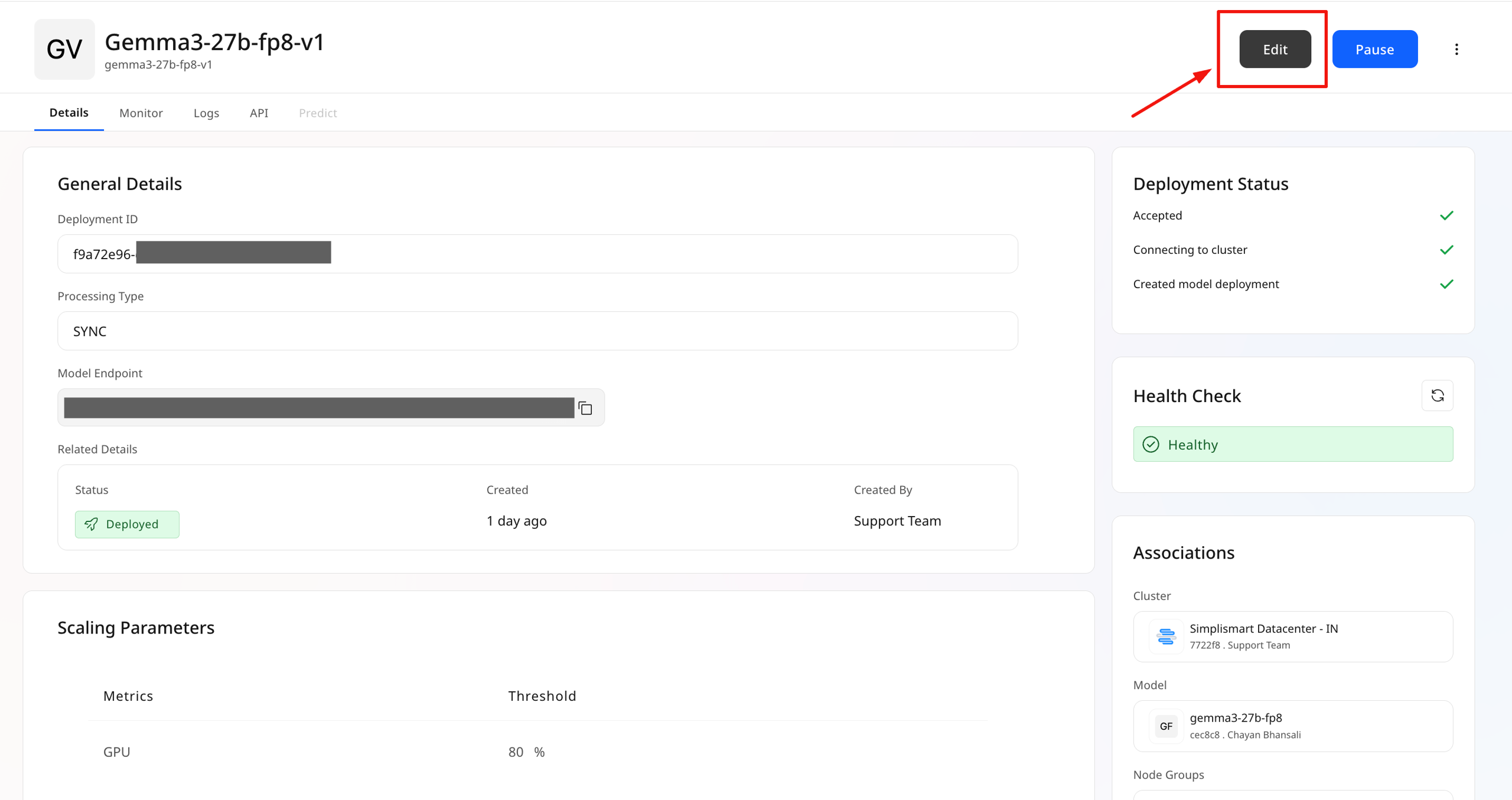 Edit deployment button