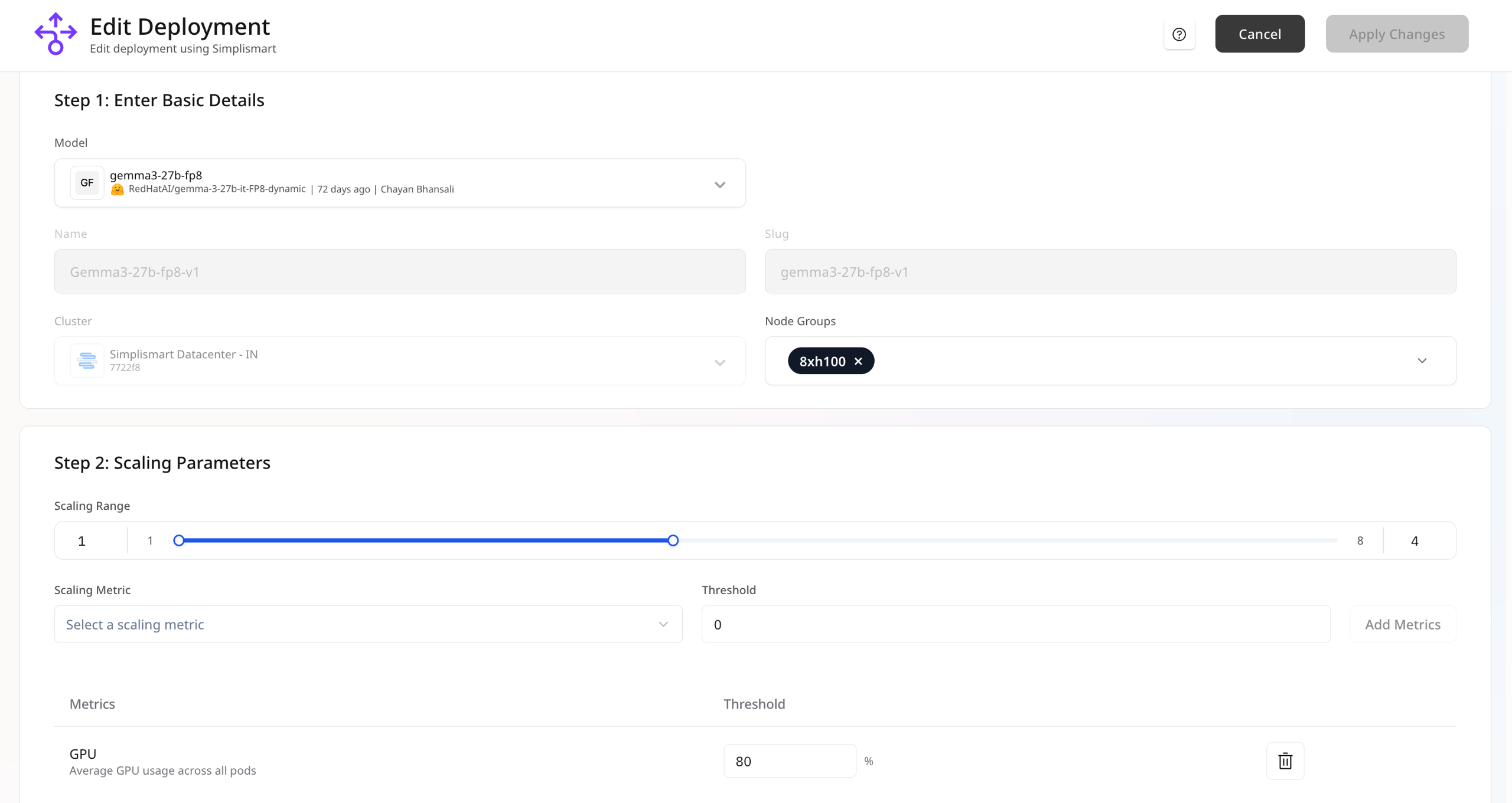Edit deployment parameters interface