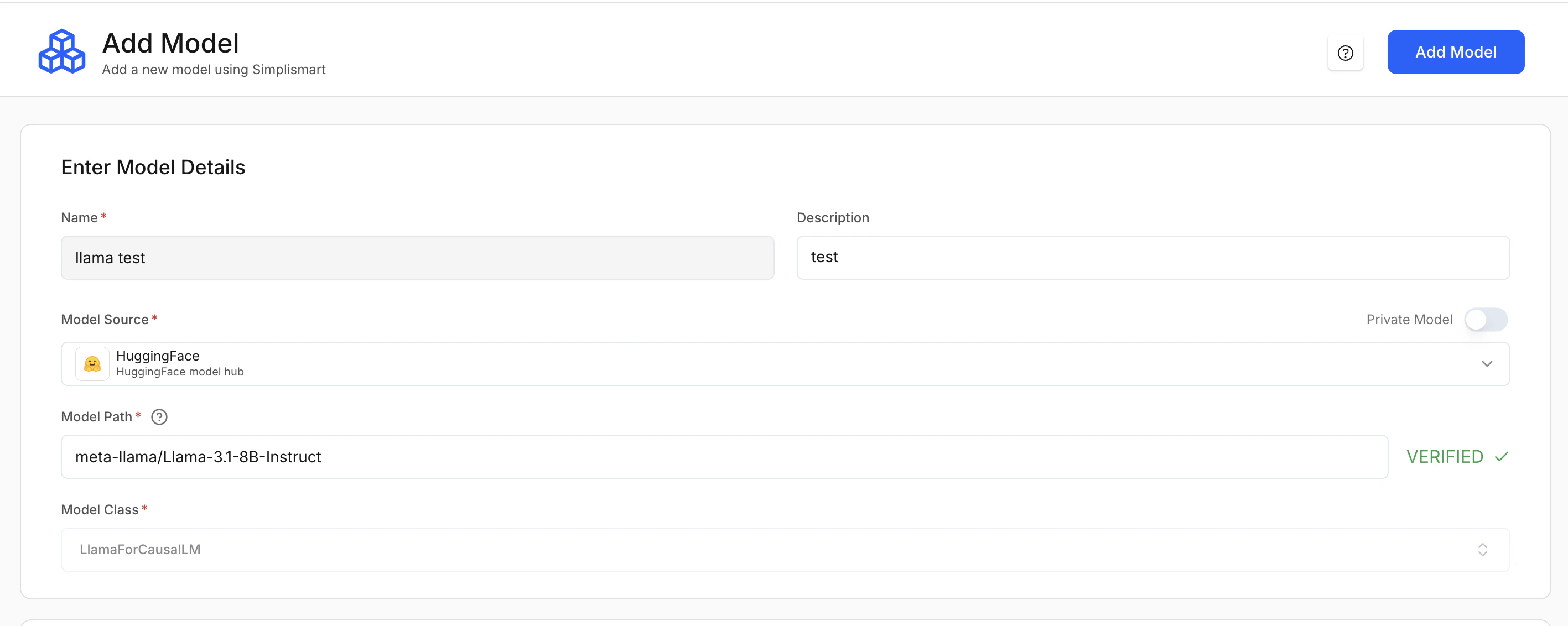 Add Model form with name, description, model source, path, and model class fields