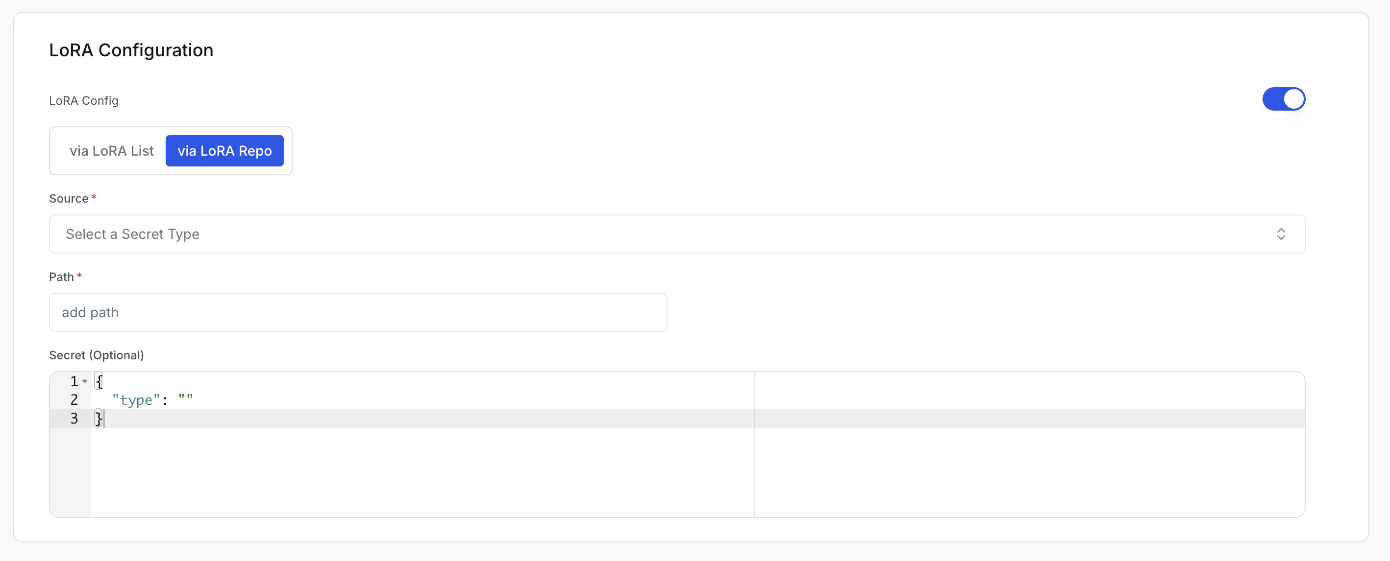 Add LoRA path: source, secret, and path fields