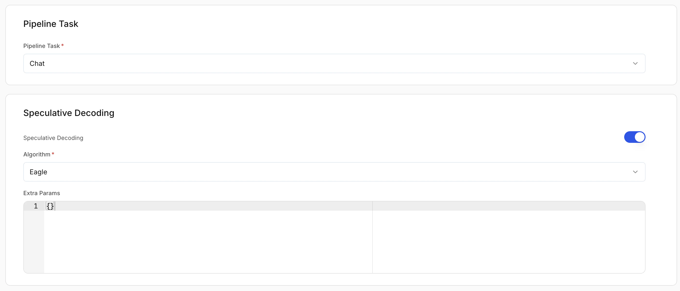 Pipeline task, speculative decoding, and extra params for LLMs