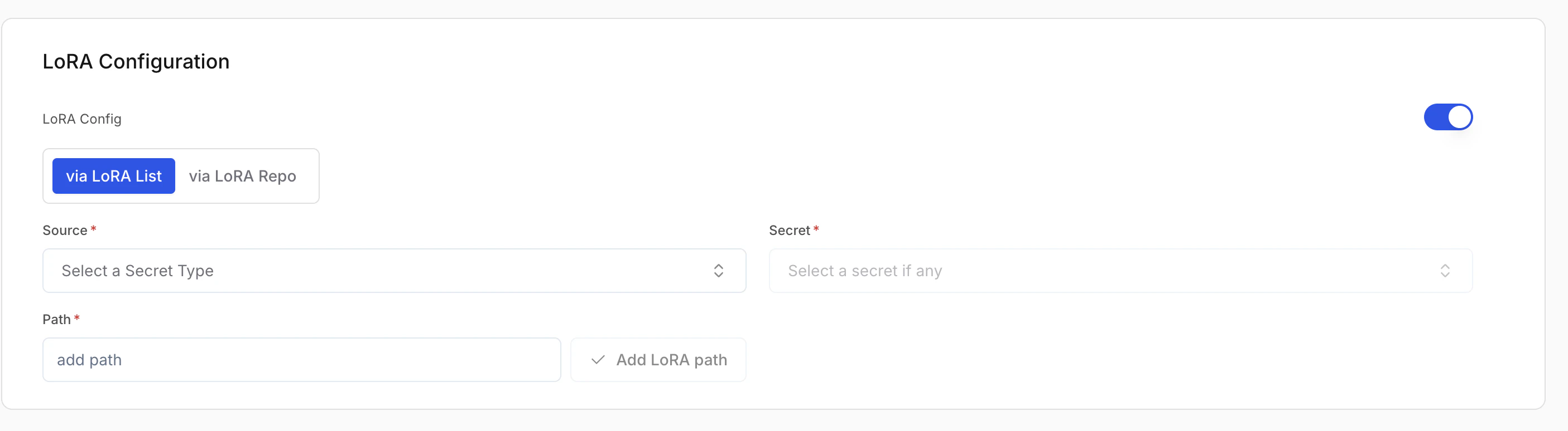 LoRA enable and config method options