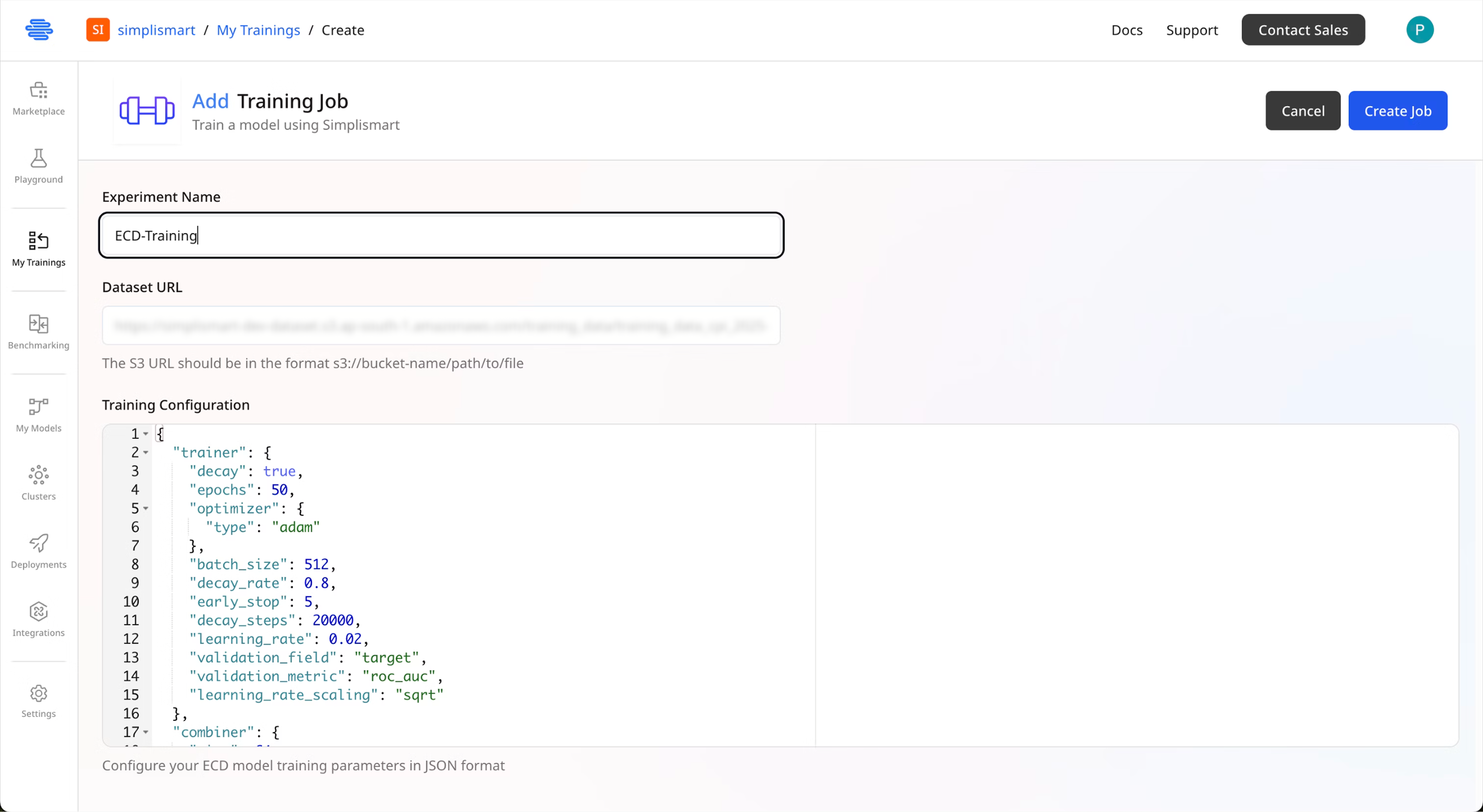 Create training job with configuration