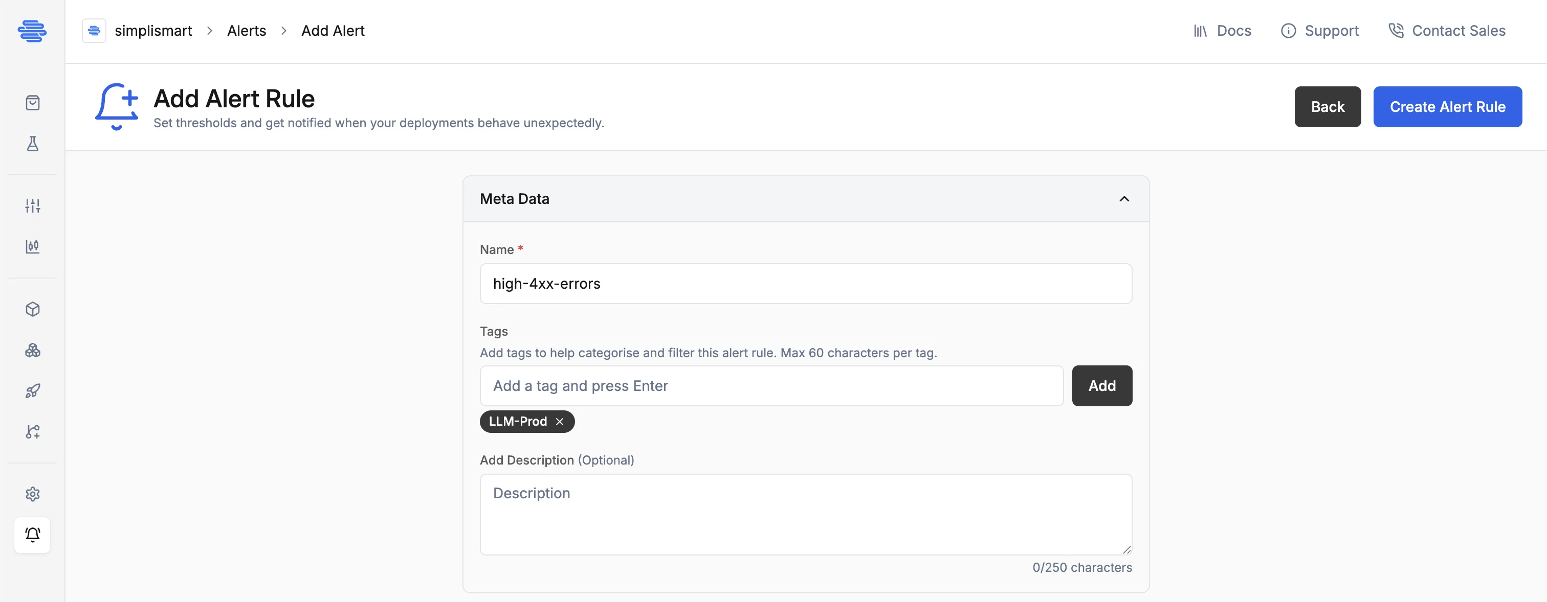 Add Alert Rule: Meta Data section