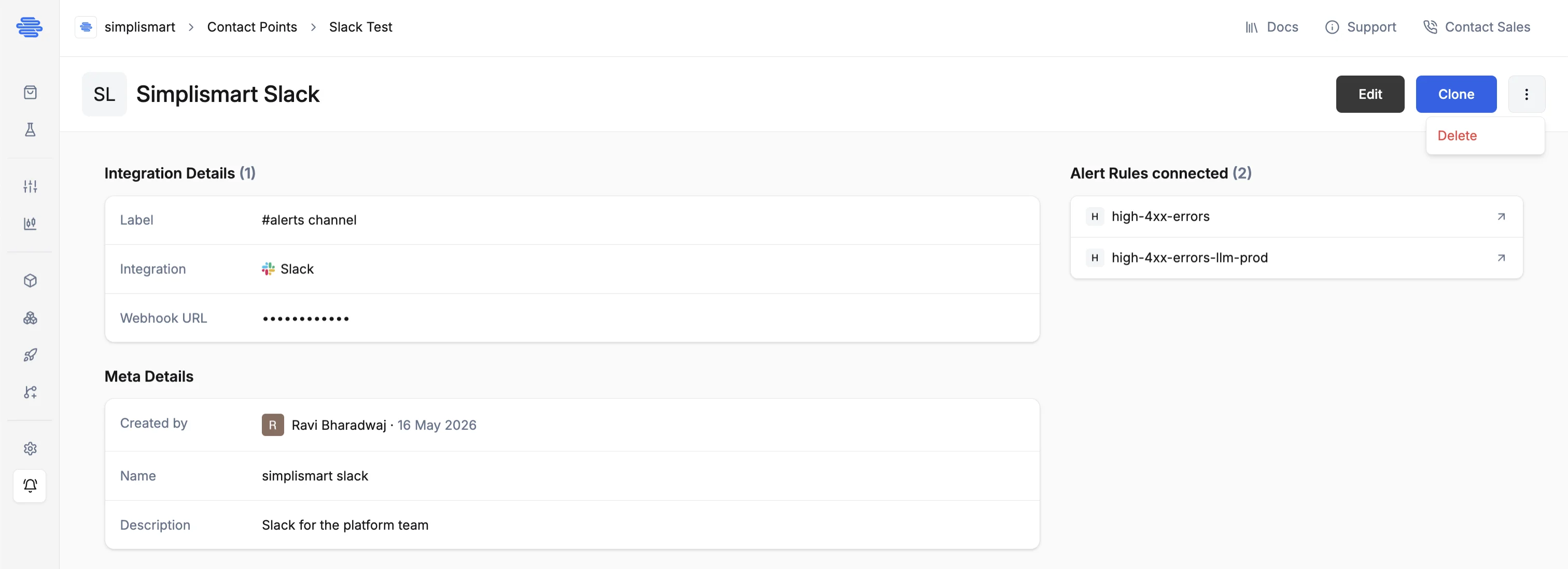 Contact point detail page showing Edit, Clone, Delete options and connected alert rules