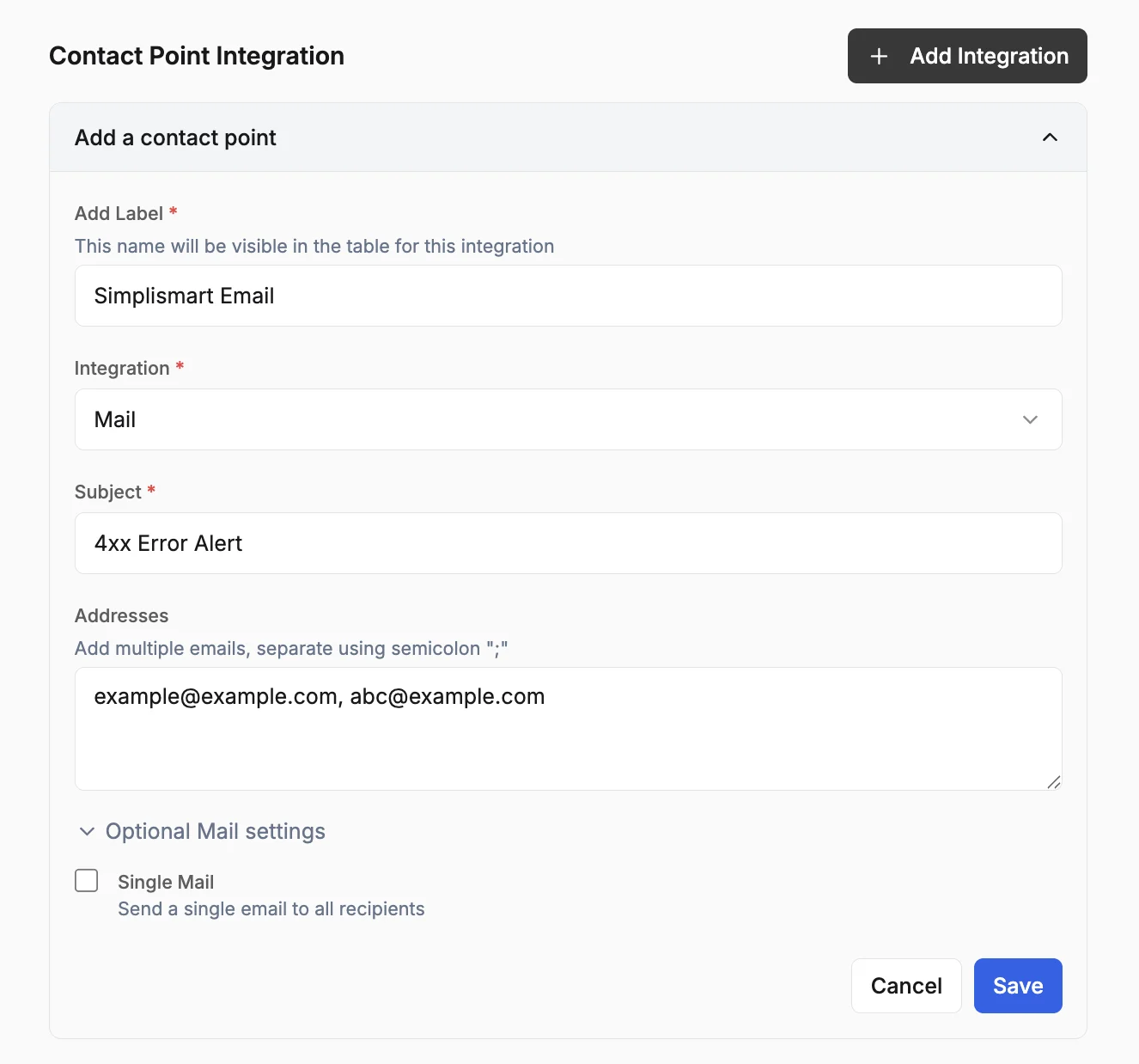 Email integration form