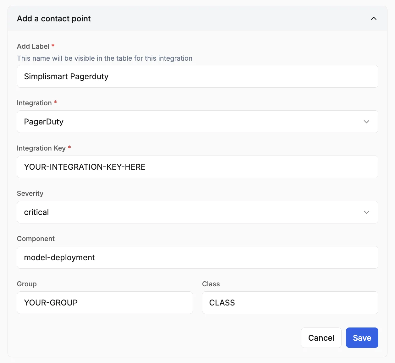 PagerDuty integration form
