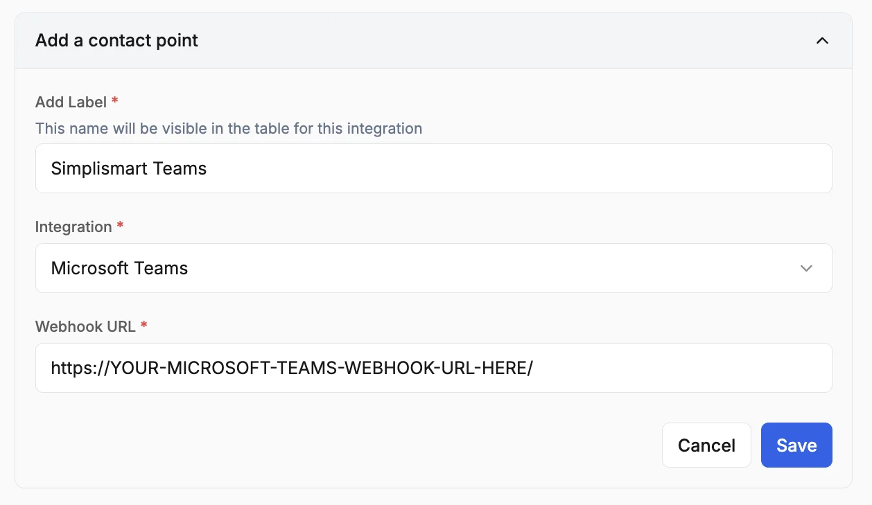 Microsoft Teams integration form