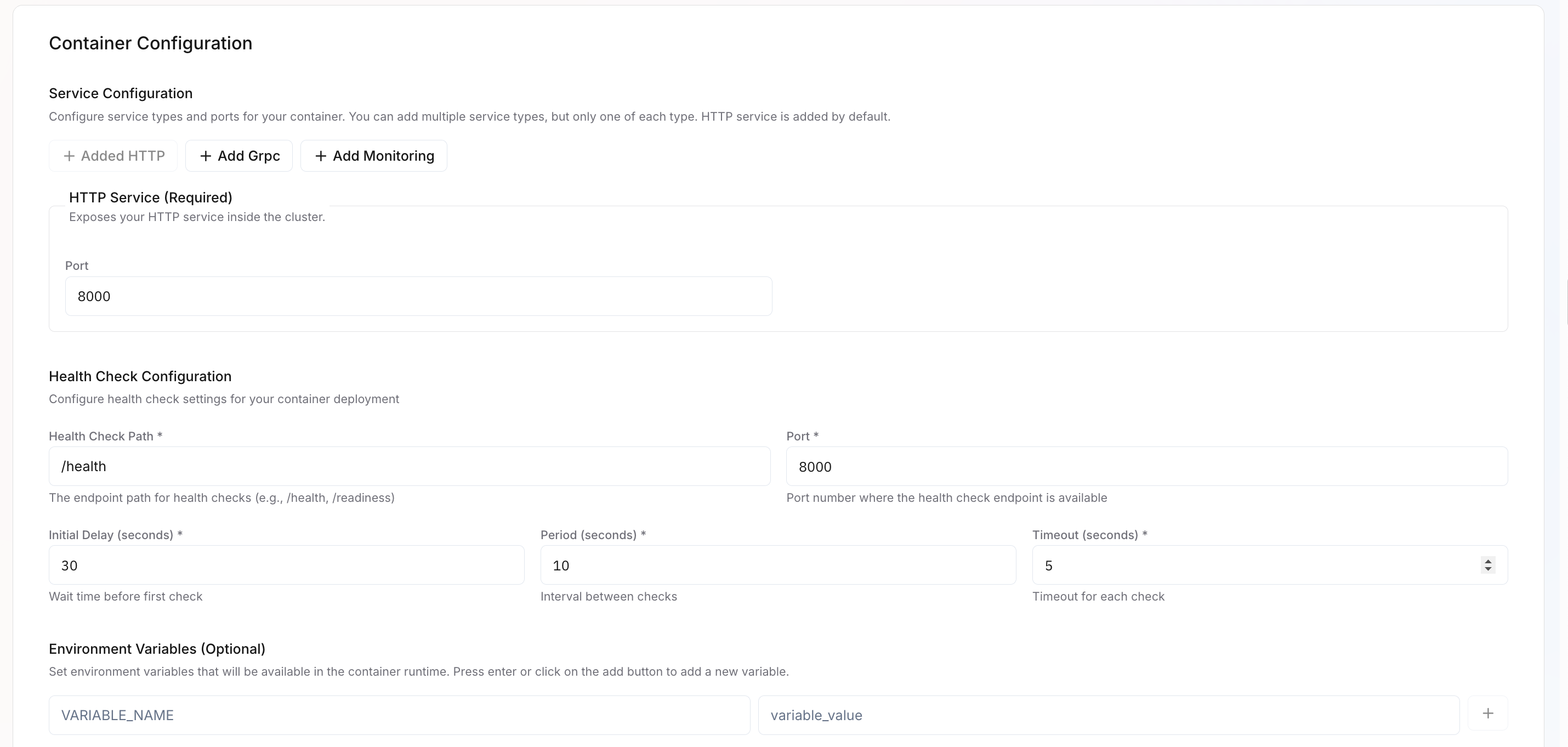 Create deployment - container configuration