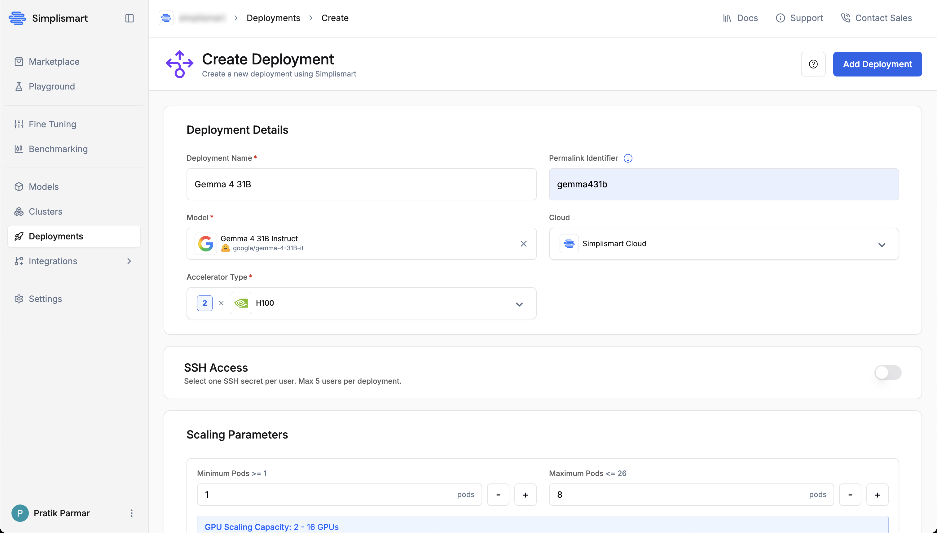 Create Deployment form