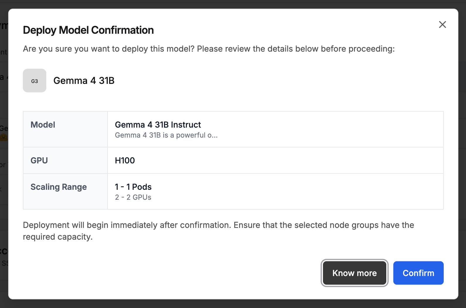 Deploy Model Confirmation modal