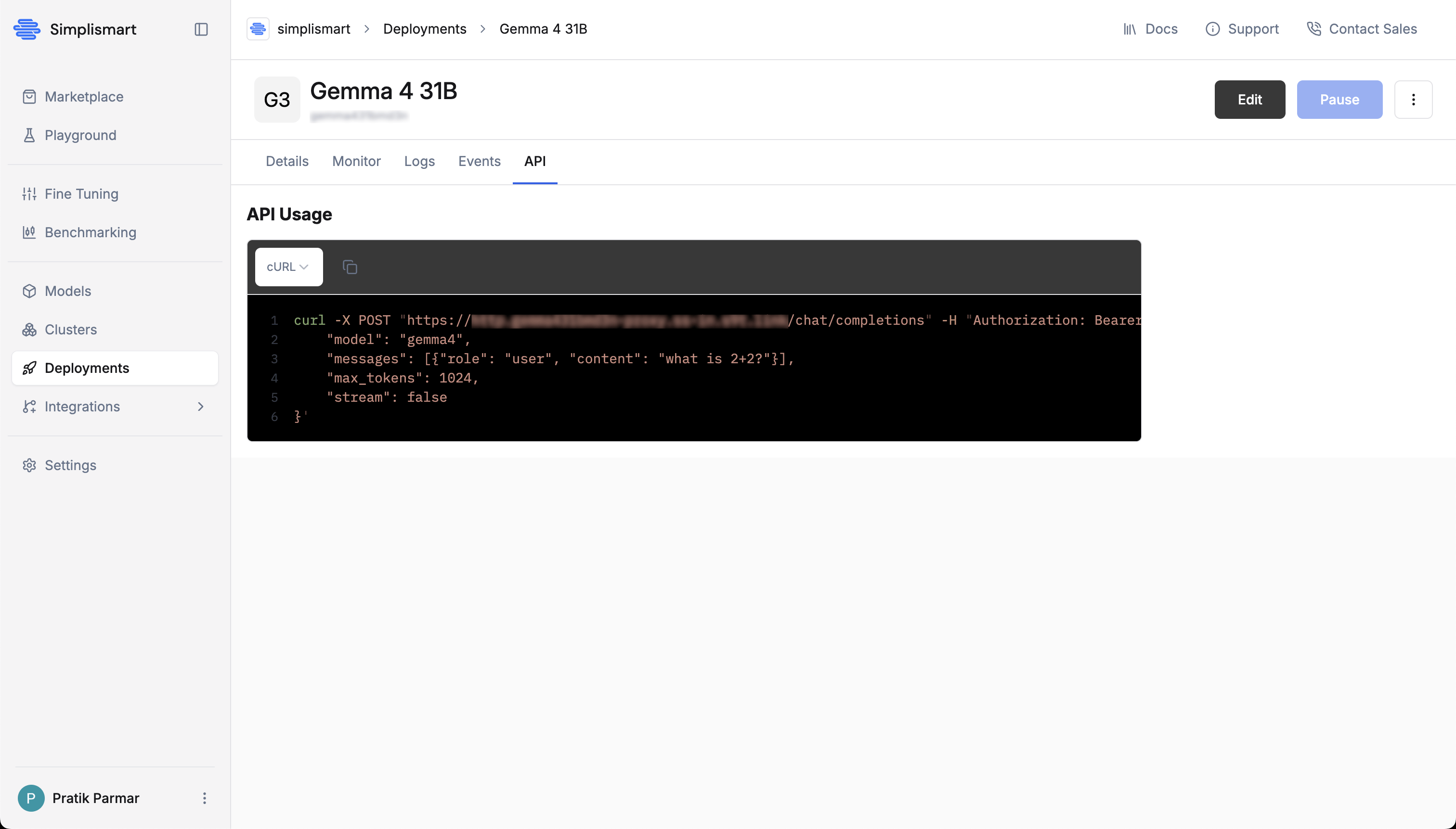 API tab with cURL snippet