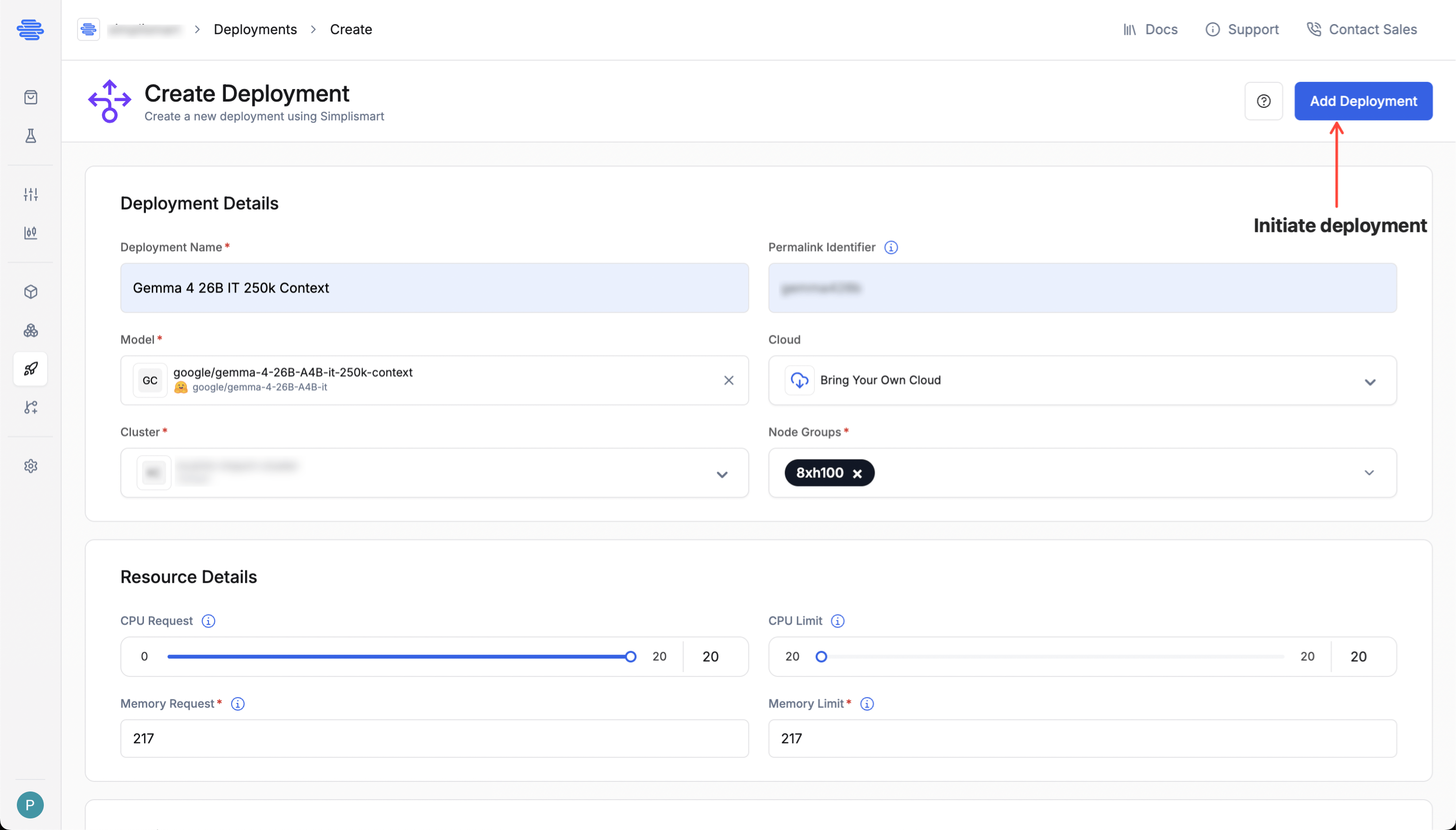 Deploy model button and status panel