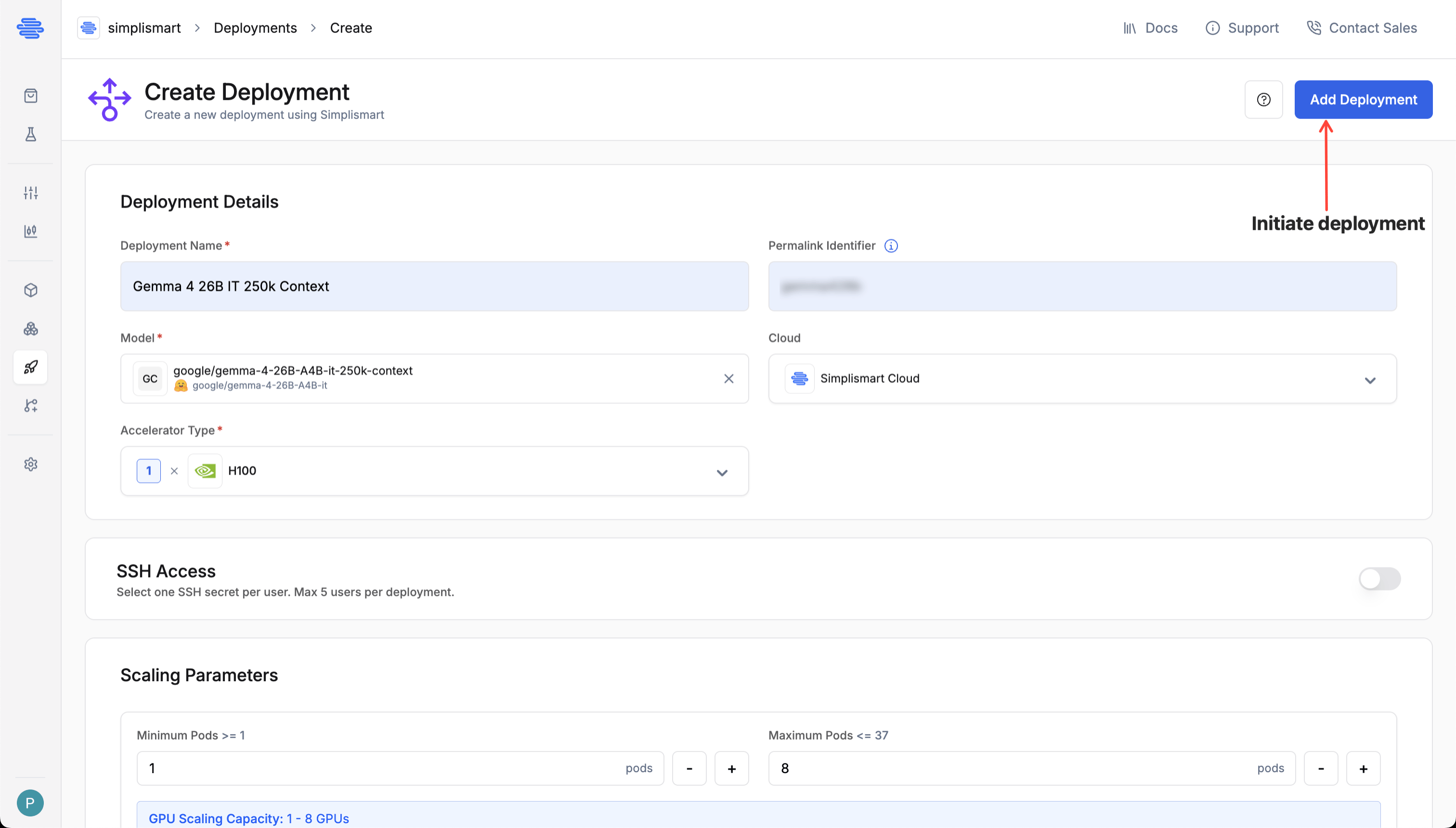 Deploy model button and status panel