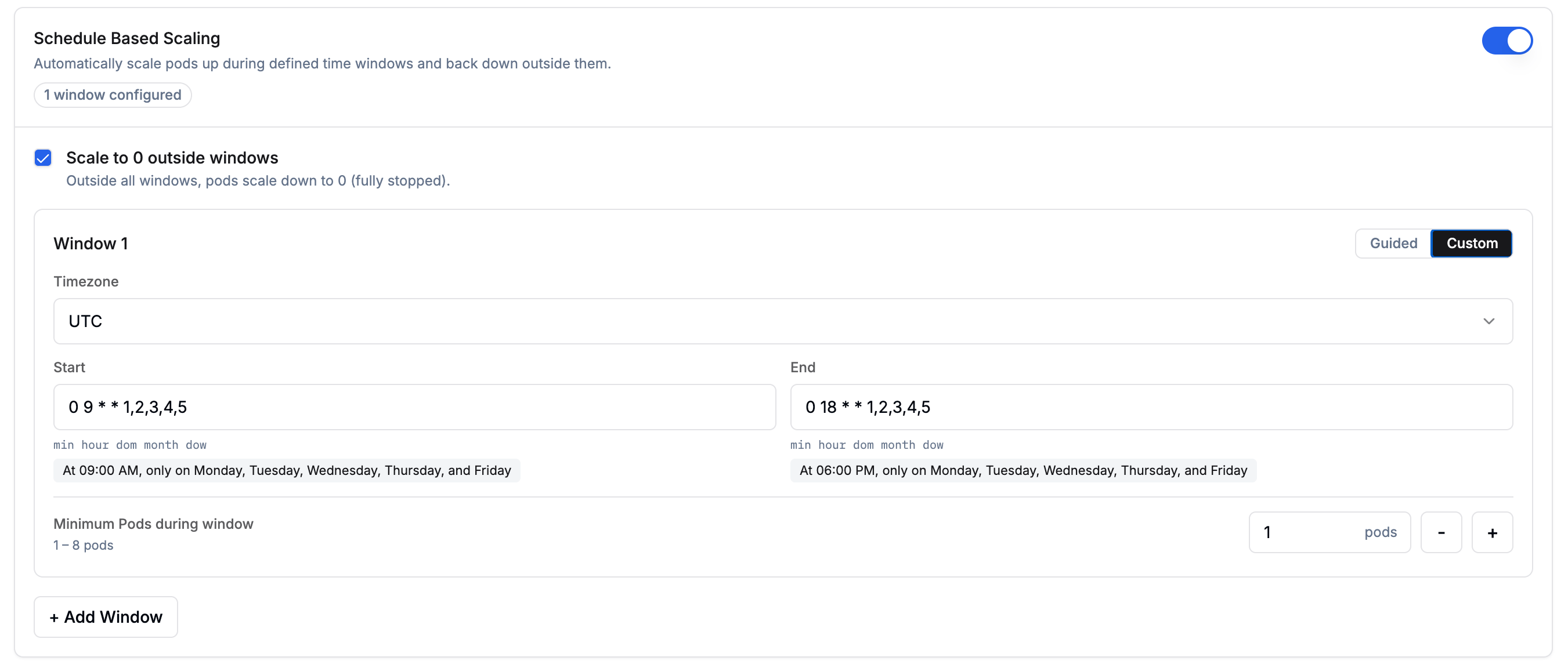 Schedule-based autoscaling – Custom cron mode