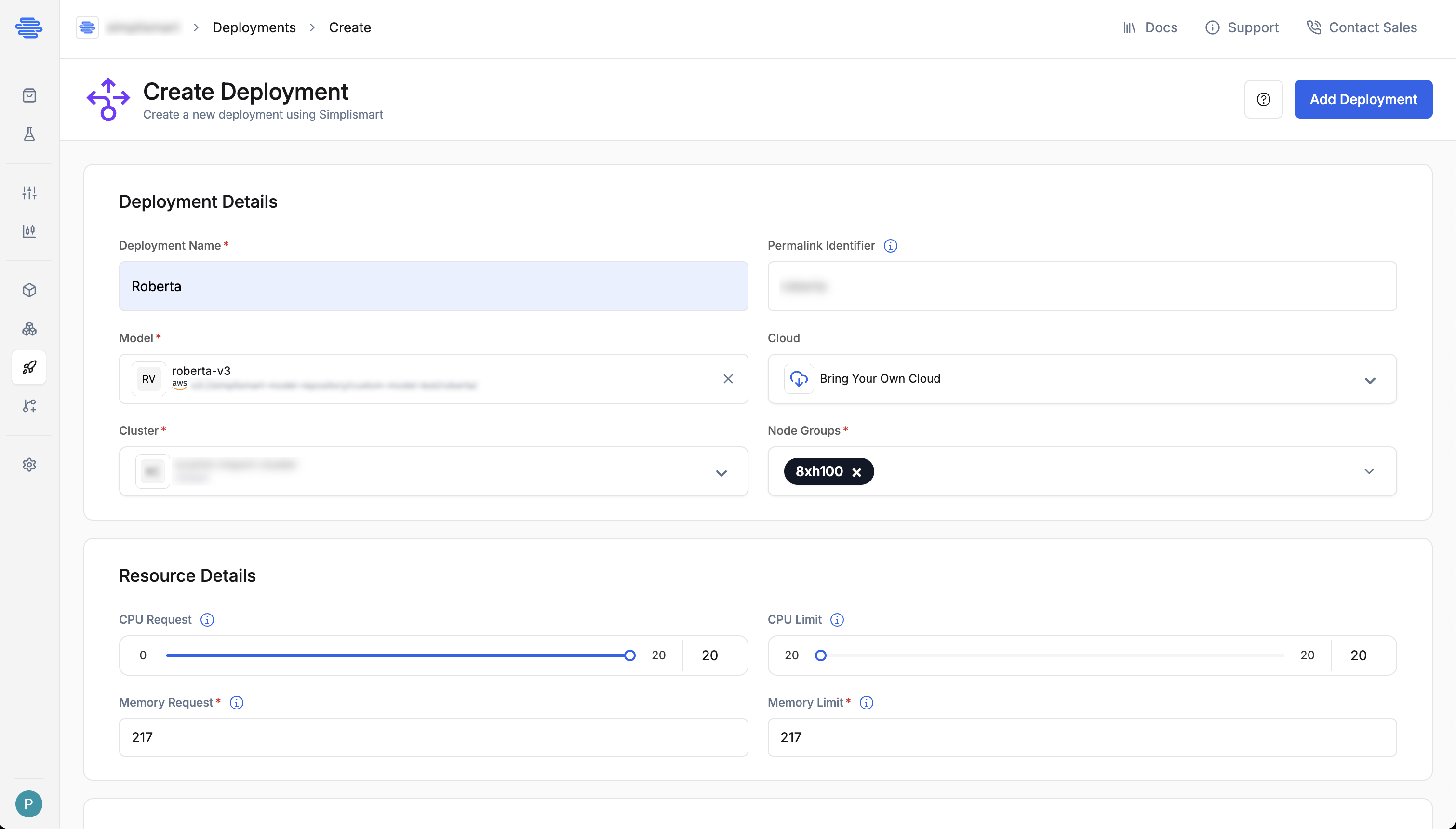 Deploy model button and status panel