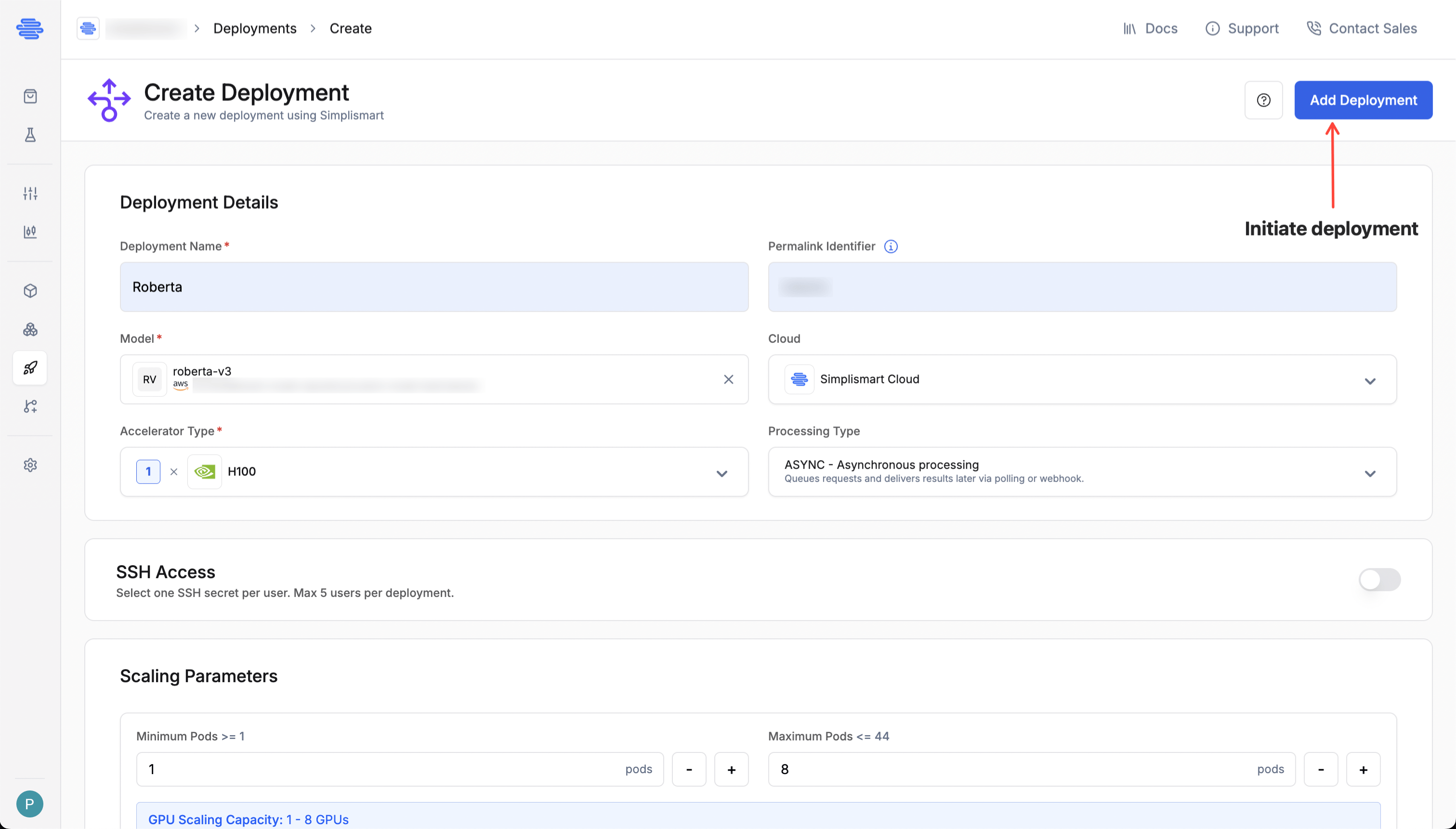 Deploy model button and status panel
