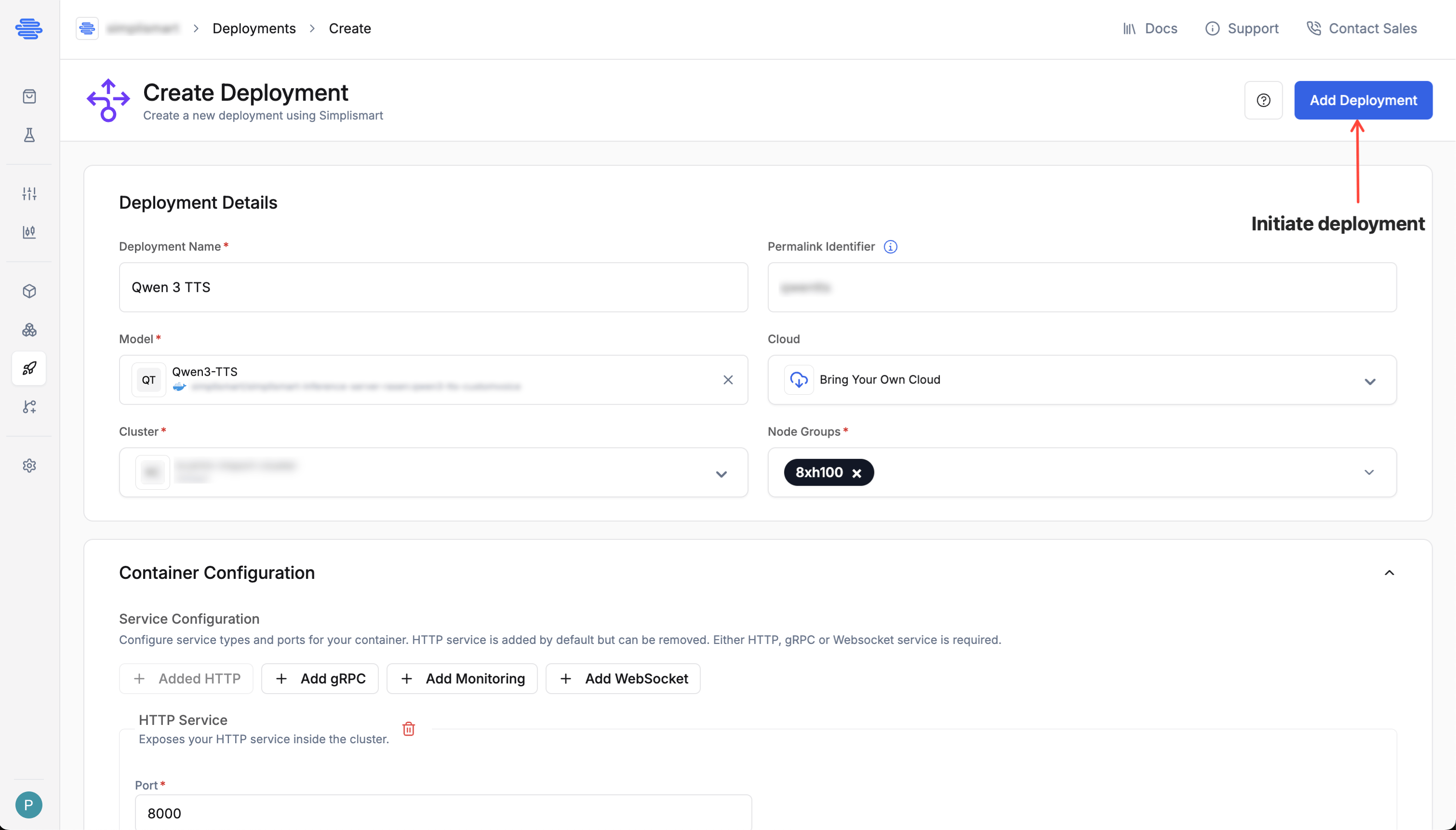 Deploy model button and status panel