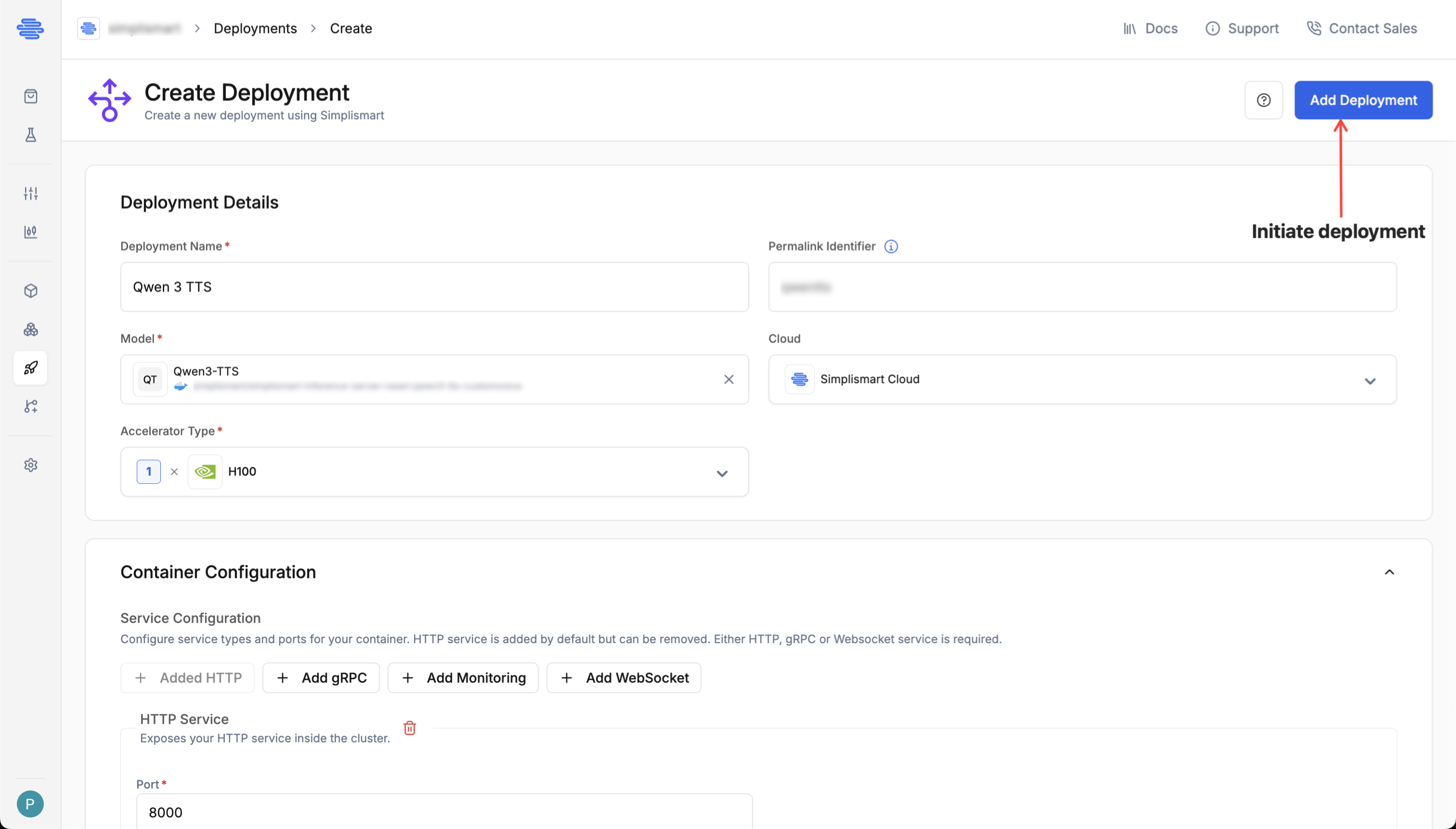 Deploy model button and status panel