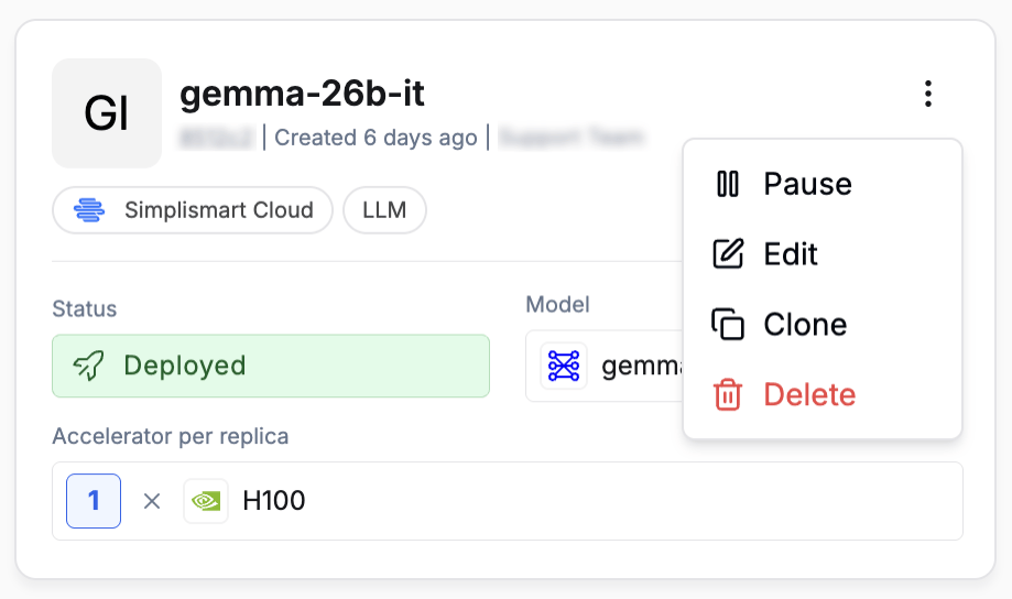 Deployment card with Pause, Edit, Clone, Delete actions