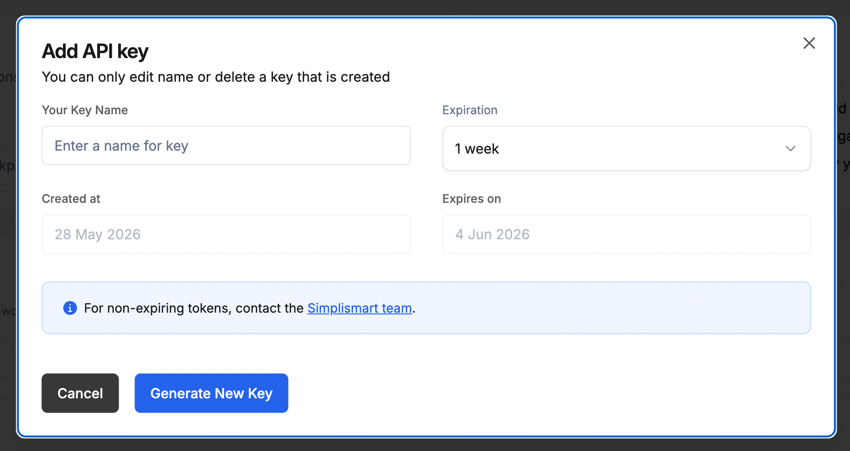 Add API Key modal