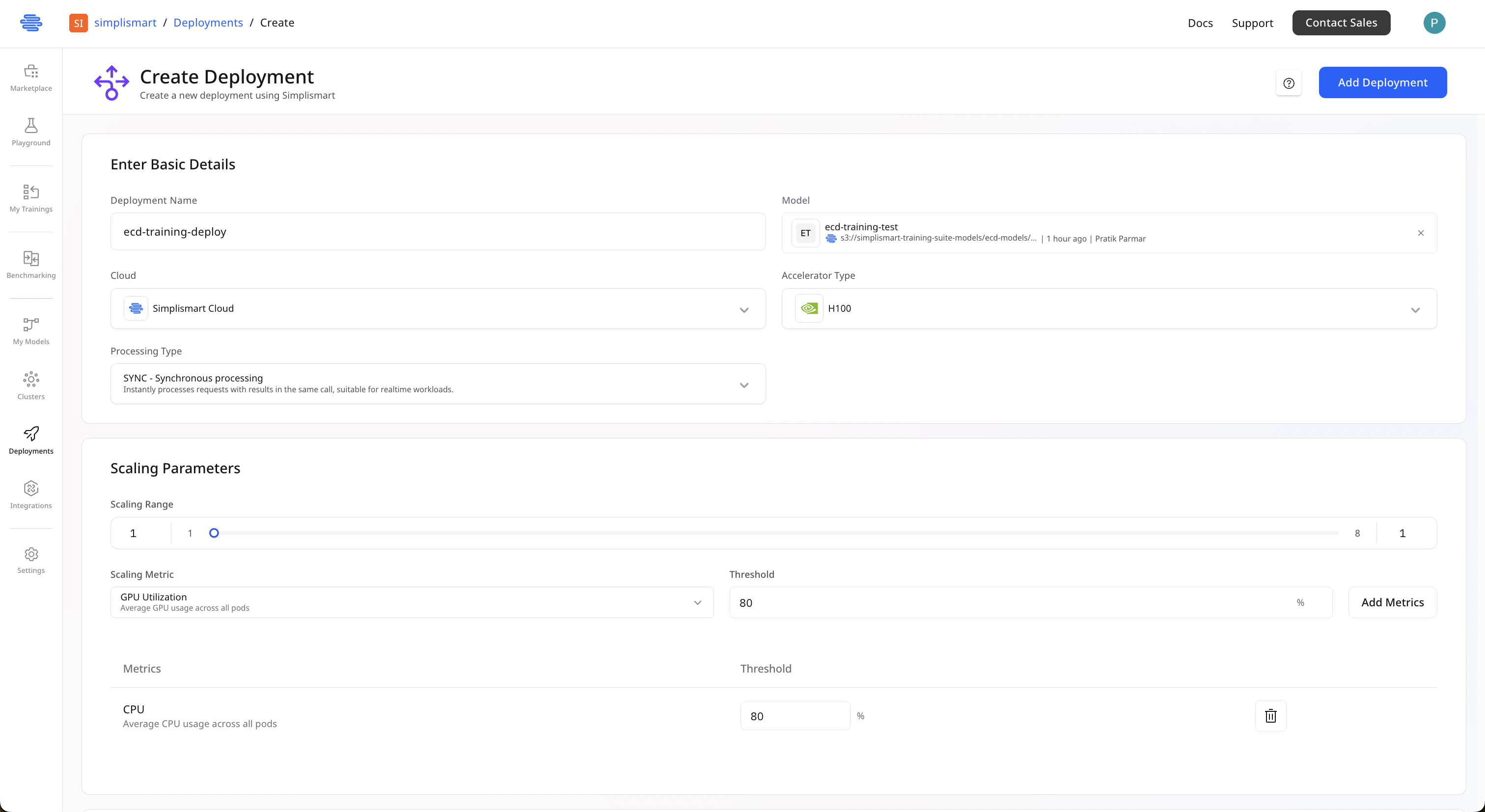 Deployment configuration screen