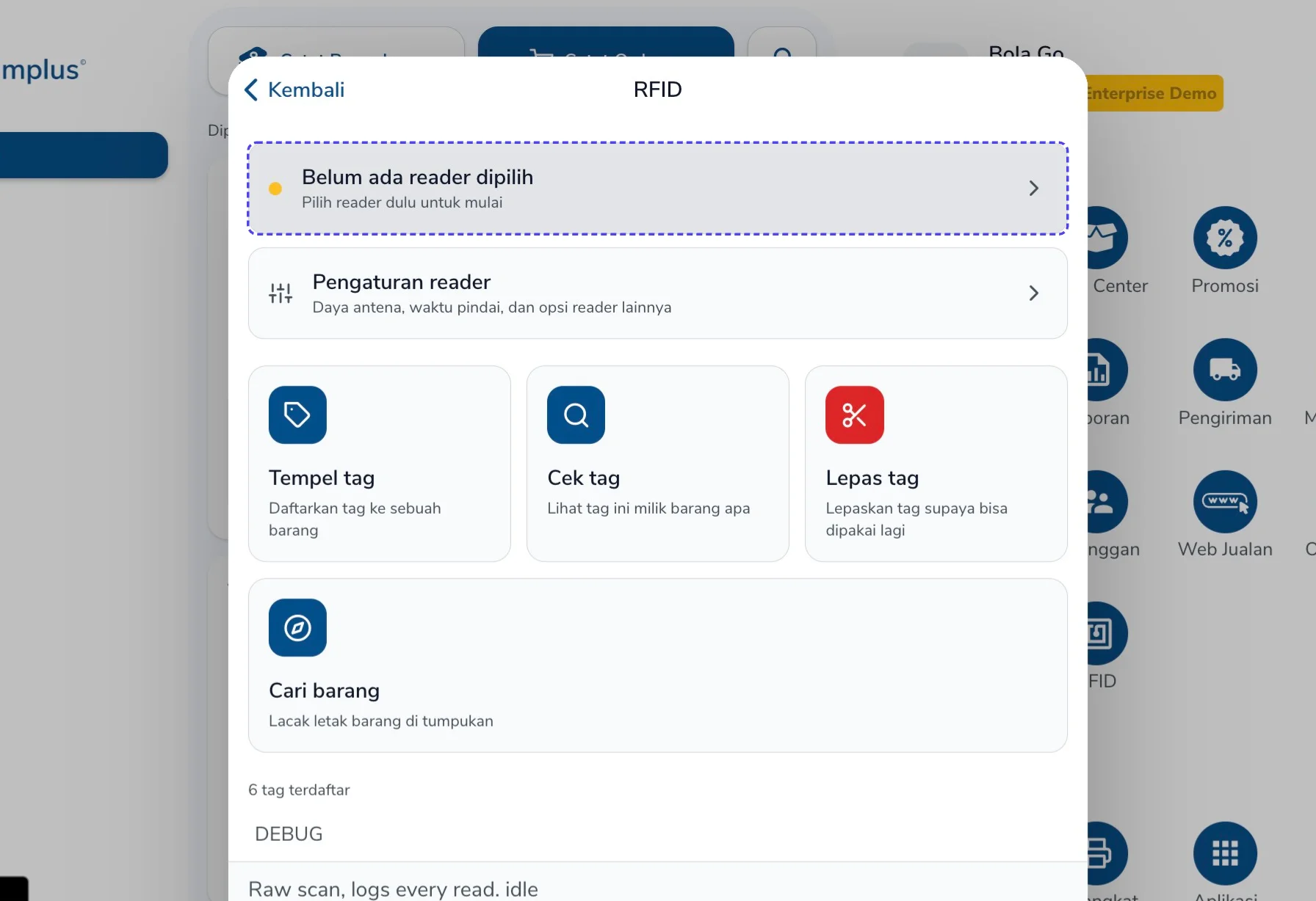 Halaman RFID dengan opsi Belum ada reader dipilih
