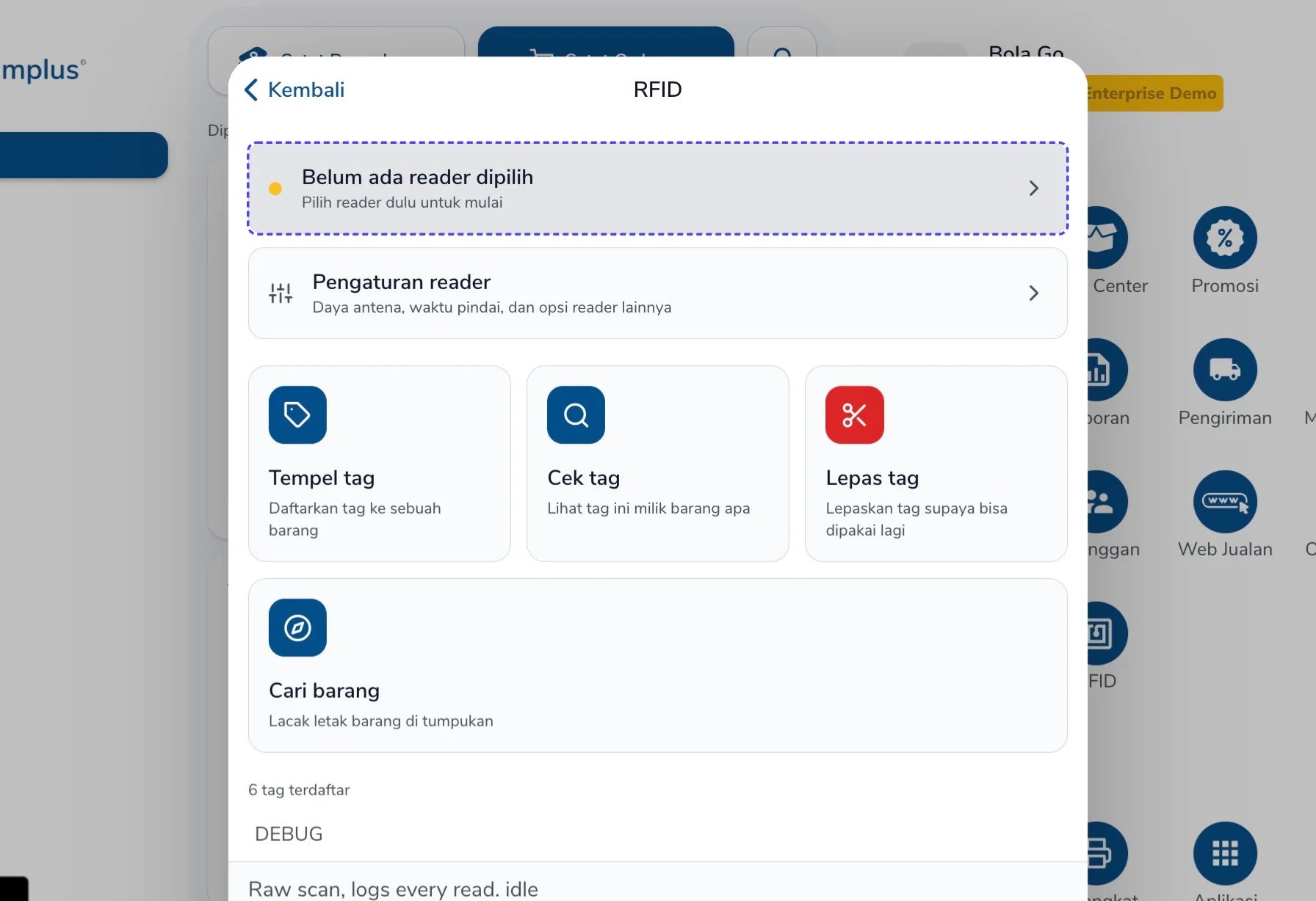 Halaman RFID dengan opsi Belum ada reader dipilih