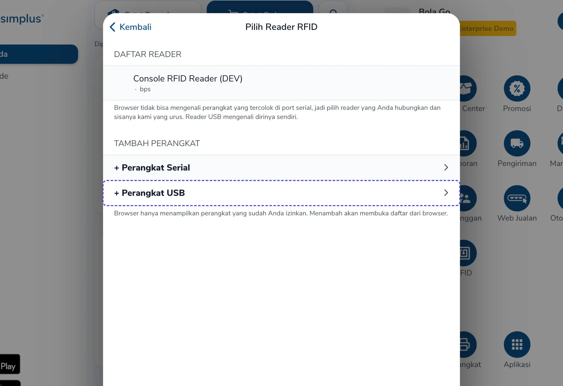 Halaman Pilih Reader RFID dengan opsi Perangkat Serial dan Perangkat USB