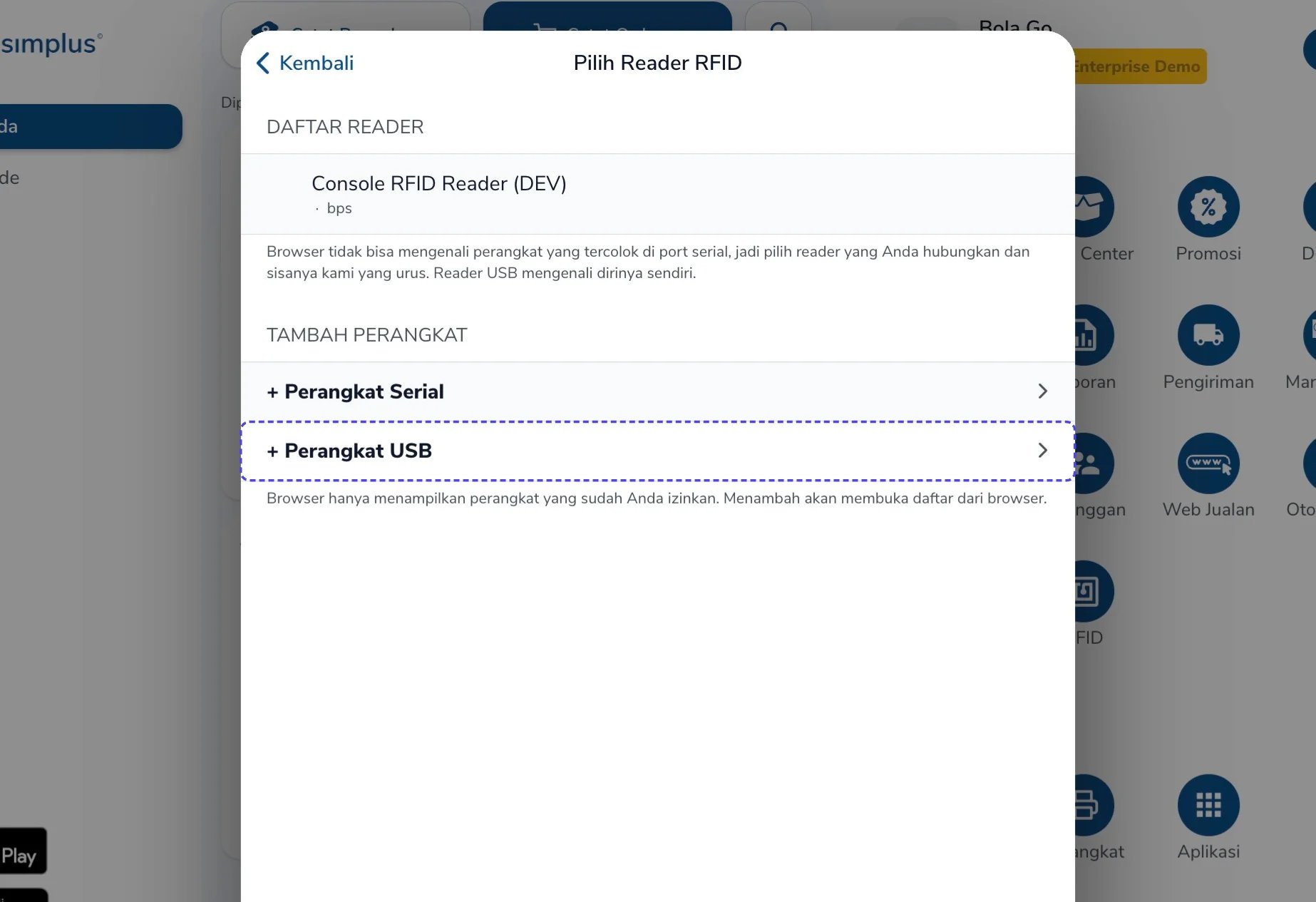 Halaman Pilih Reader RFID dengan opsi Perangkat Serial dan Perangkat USB