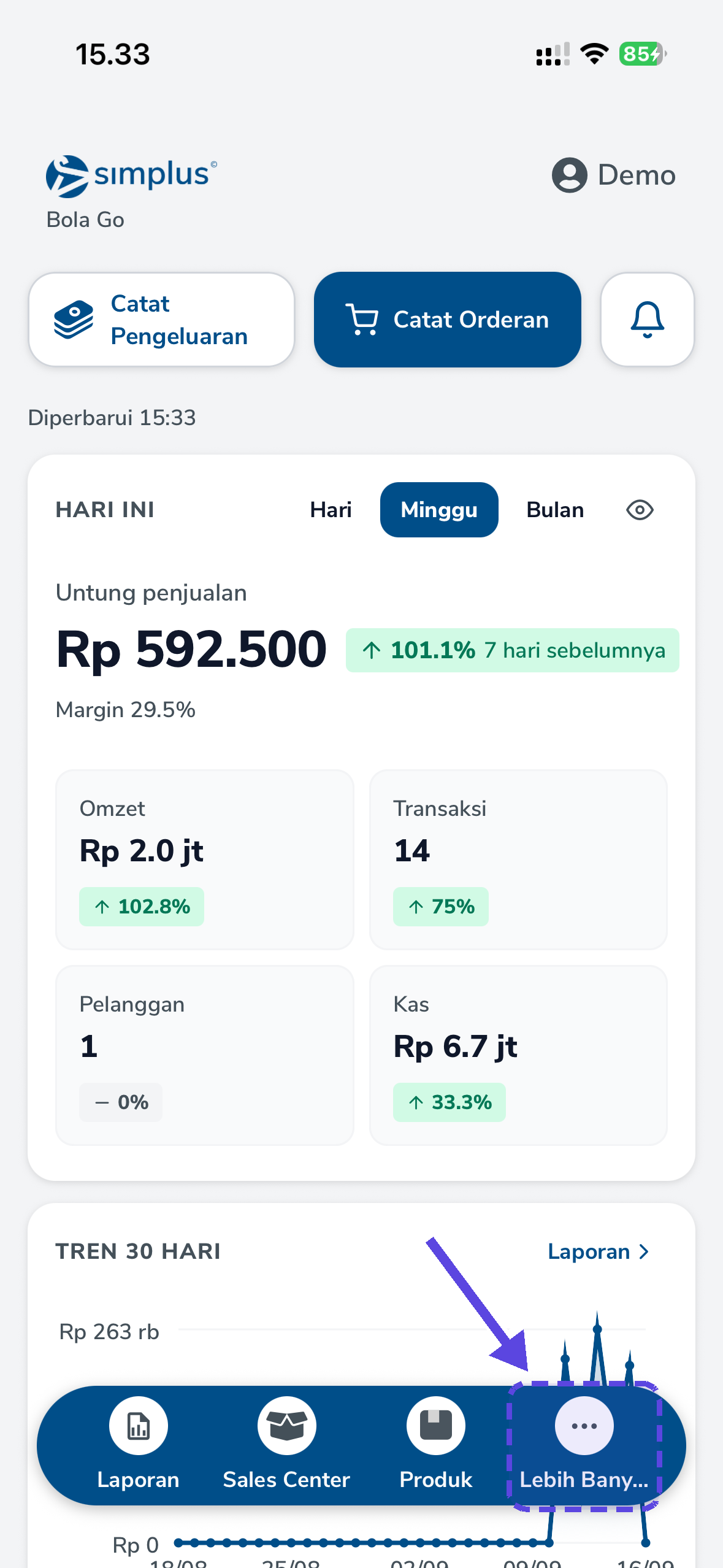 Halaman utama aplikasi Simplus dengan tombol Lebih Banyak disorot