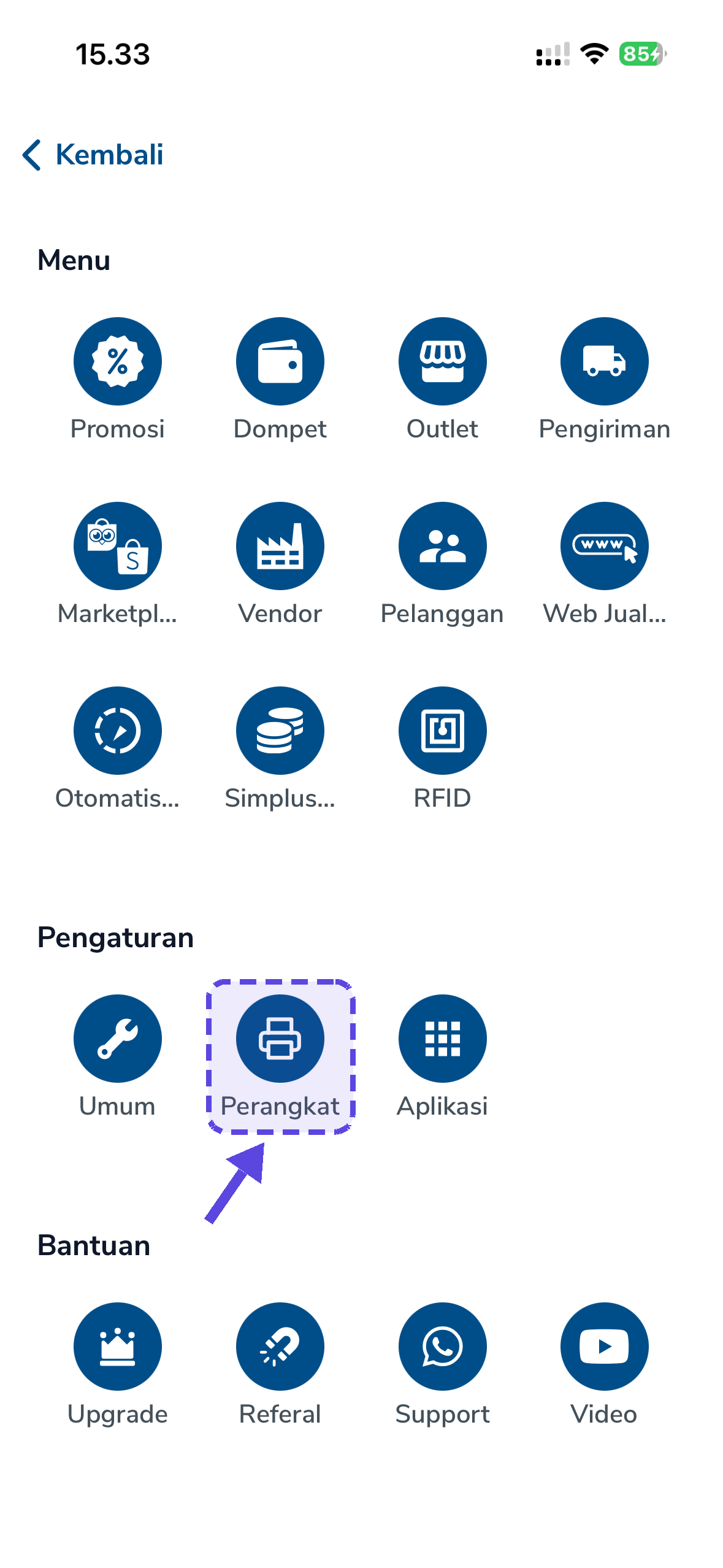 Menu Lebih Banyak dengan item Perangkat disorot