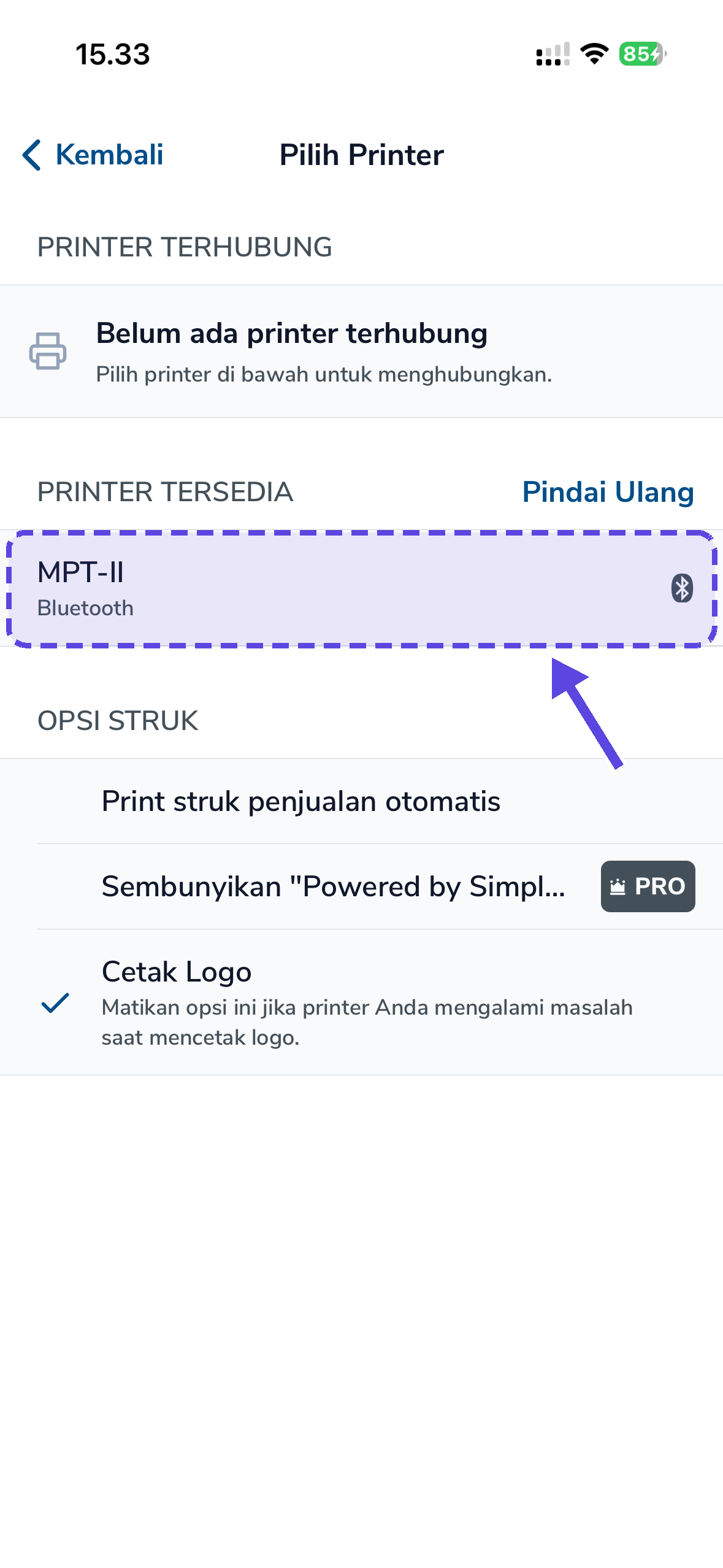 Printer Bluetooth MPT-II muncul di bagian Printer Tersedia