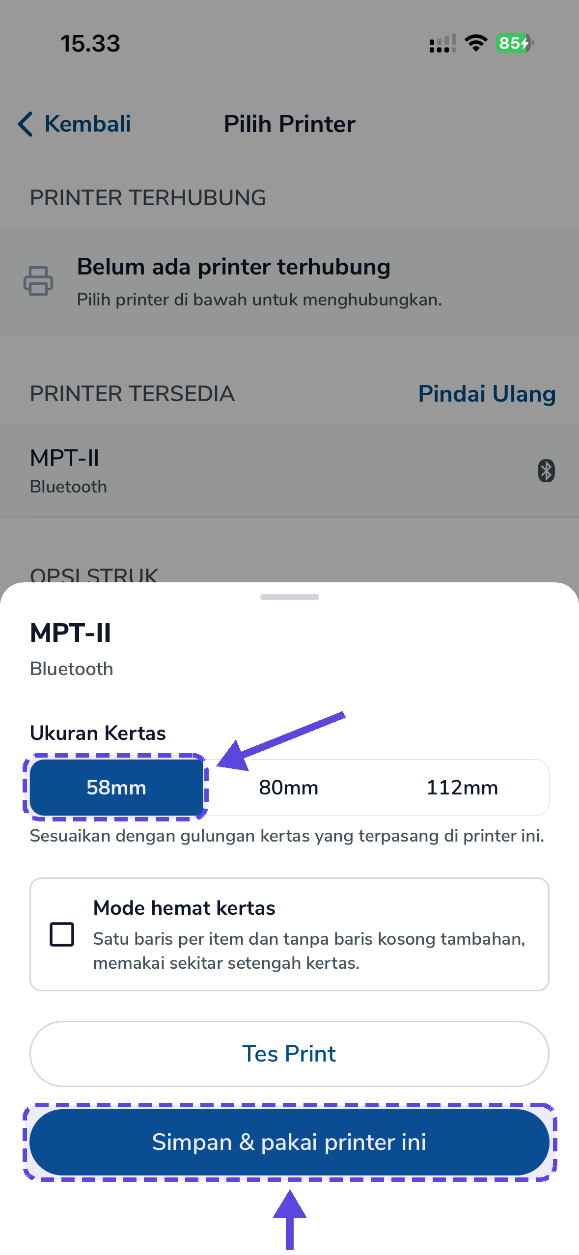 Pengaturan printer dengan Ukuran Kertas 58mm dan tombol Simpan & pakai printer ini disorot