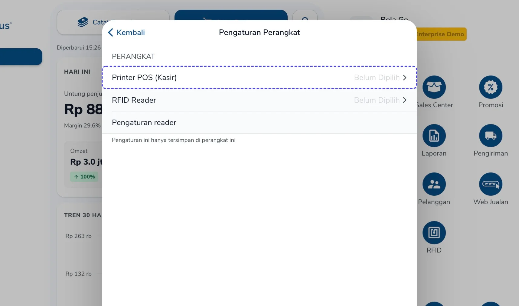 Panel Pengaturan Perangkat dengan item Printer POS (Kasir) disorot