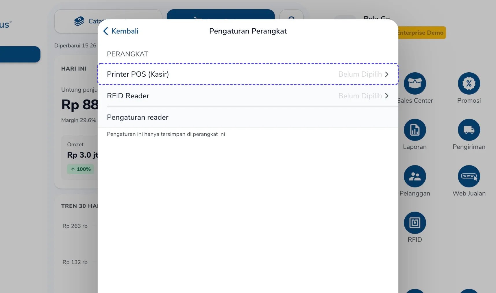 Panel Pengaturan Perangkat dengan item Printer POS (Kasir) disorot