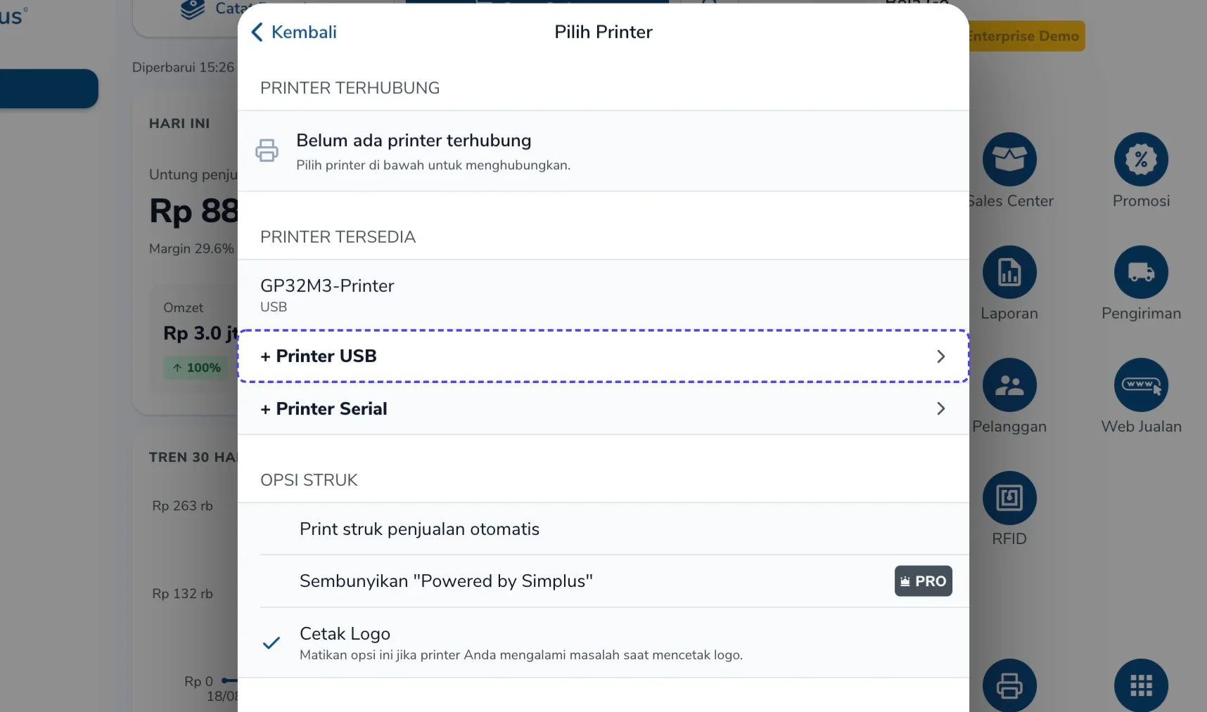 Panel Pilih Printer dengan tombol + Printer USB disorot