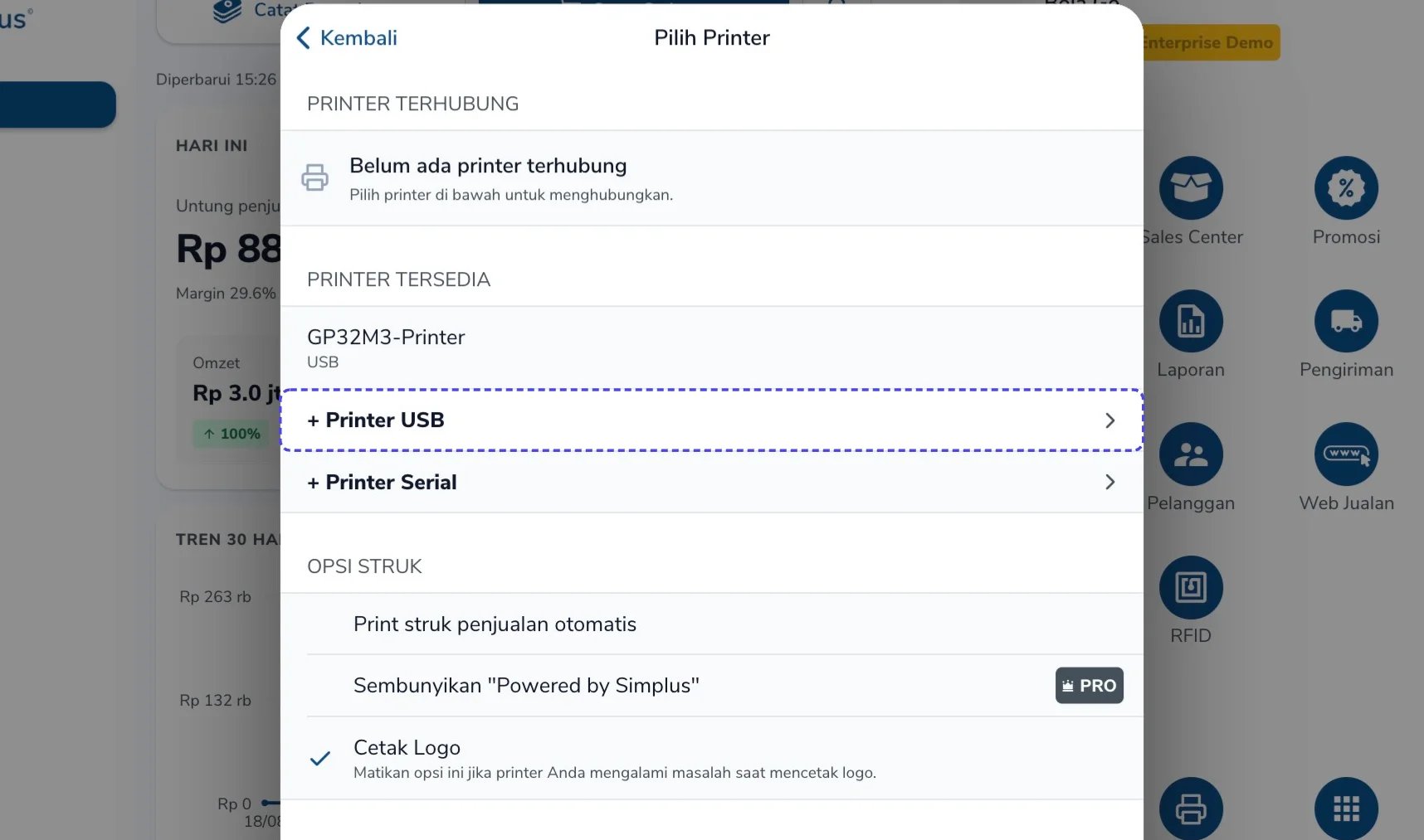 Panel Pilih Printer dengan tombol + Printer USB disorot