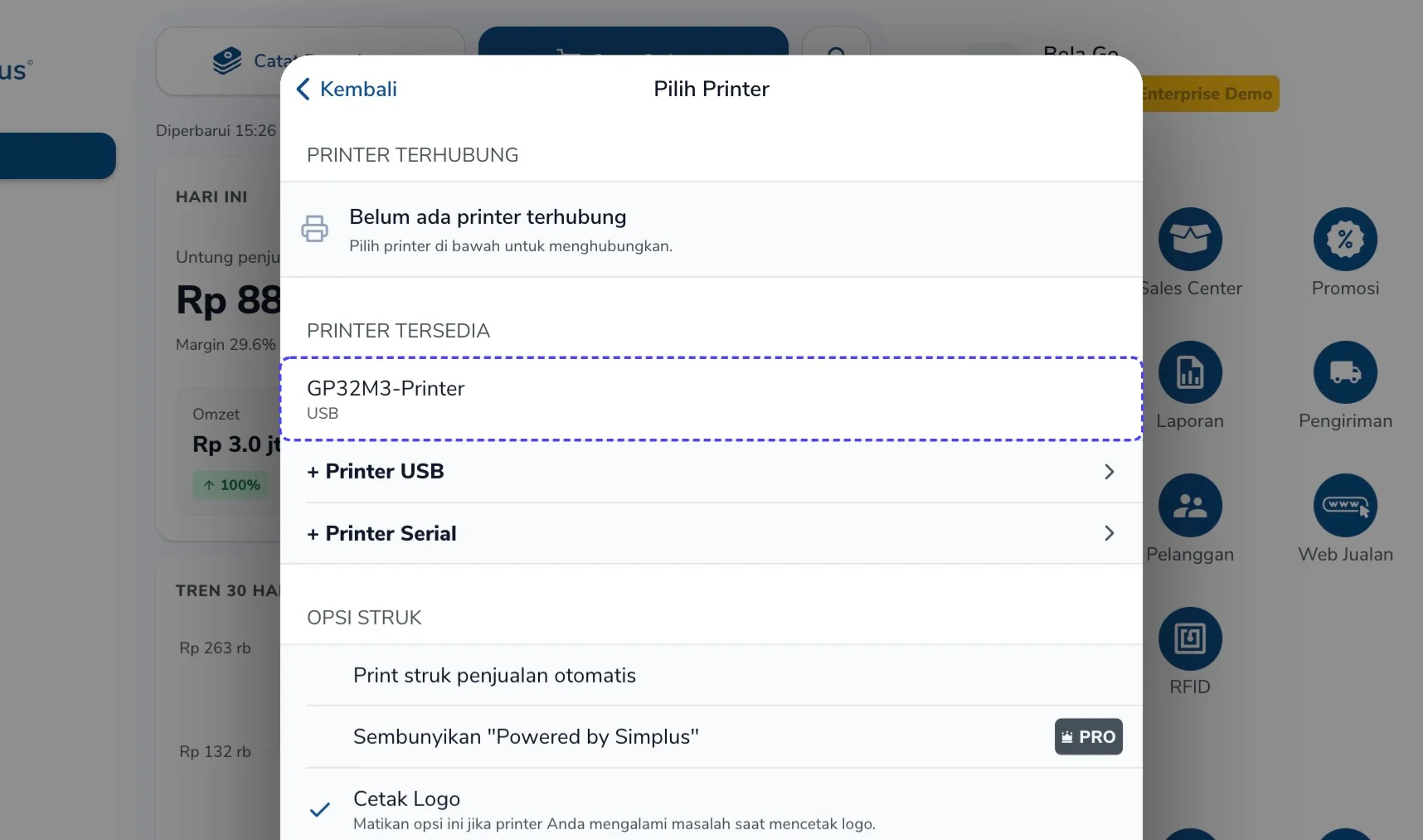 Printer muncul di bagian Printer Tersedia pada panel Pilih Printer