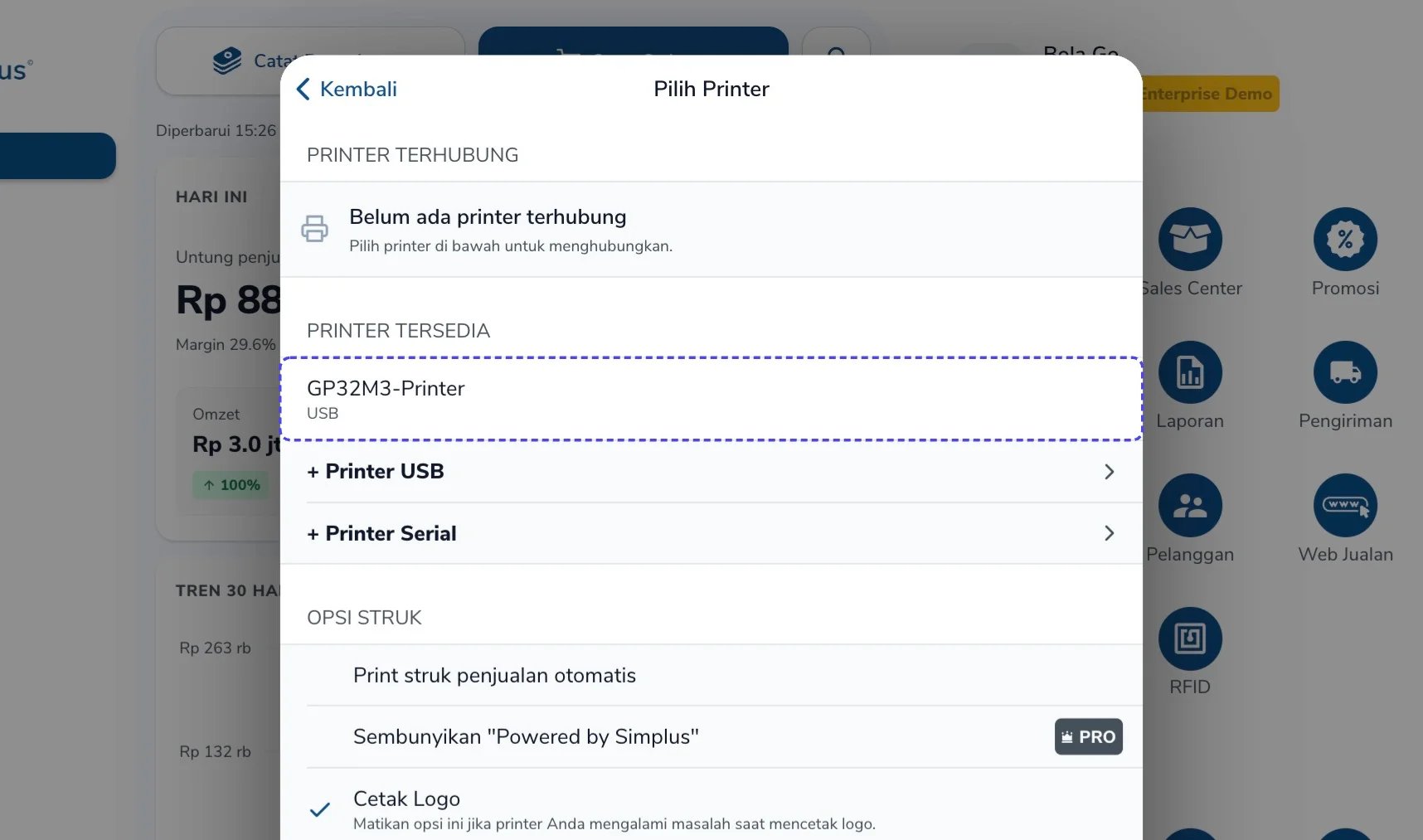 Printer muncul di bagian Printer Tersedia pada panel Pilih Printer