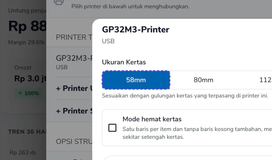 Pilihan Ukuran Kertas dengan 58mm disorot