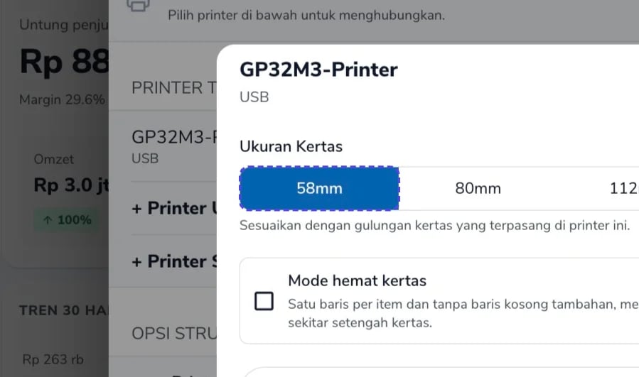 Pilihan Ukuran Kertas dengan 58mm disorot